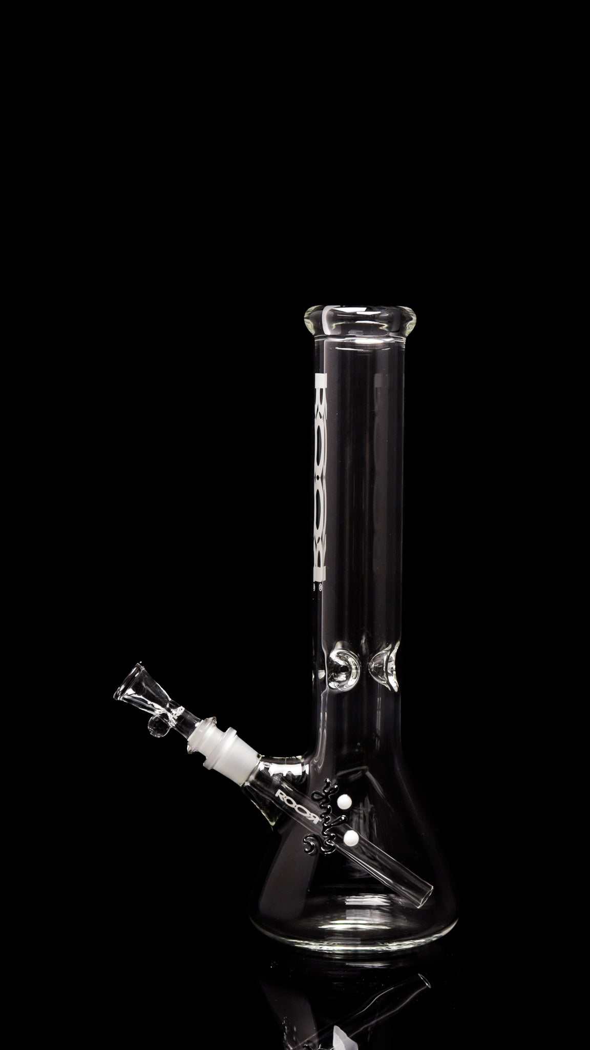ROOR Classic 14" clear glass beaker bong with white logo and downstem on black background