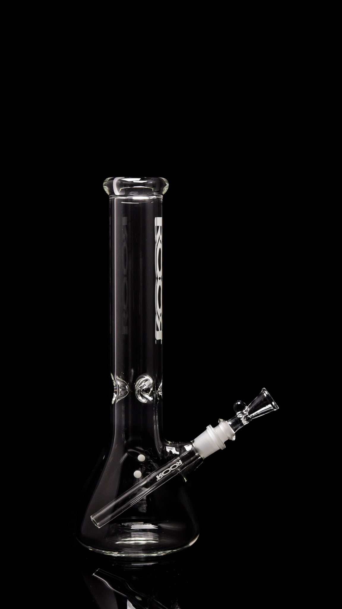 ROOR Classic 14" clear glass beaker bong with white decal and downstem against black background