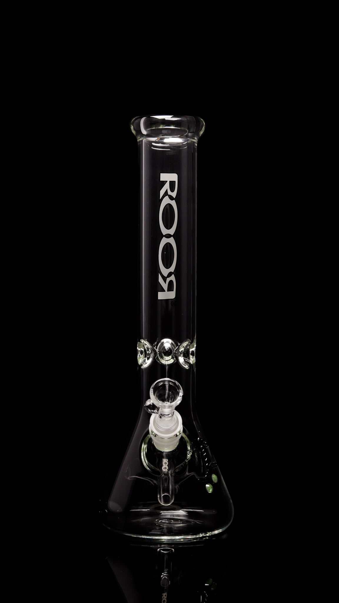 ROOR Classic 14 inch beaker glass water pipe with white black outline decal and ice pinches on black background
