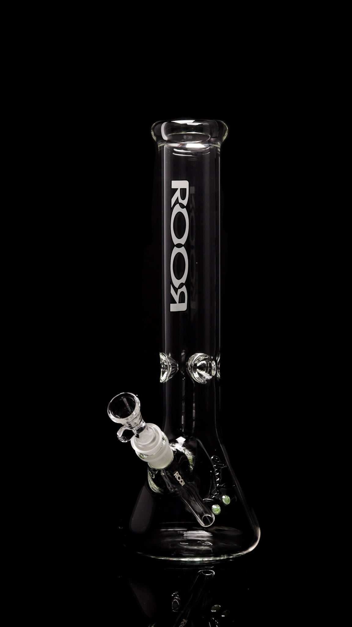 ROOR Classic 14-inch glass beaker bong with white black outline logo on black background