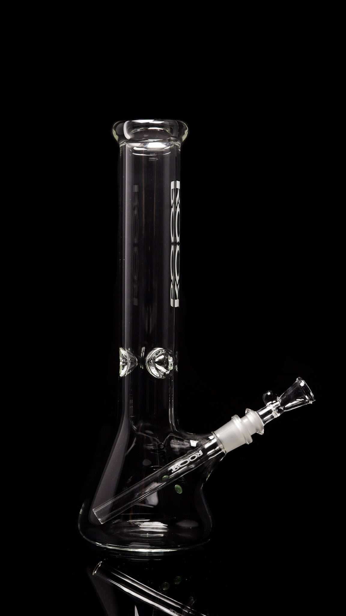 ROOR Classic 14-inch 50x5mm glass beaker bong with white black outline decal on black background
