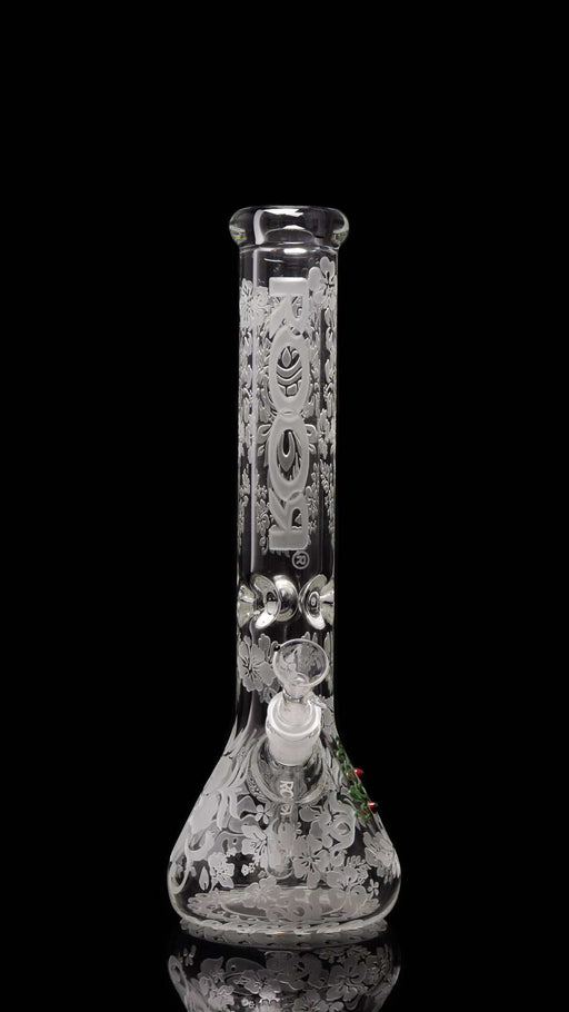 ROOR® Sandblasted 14" Beaker 50x9mm Tiki with intricate design.