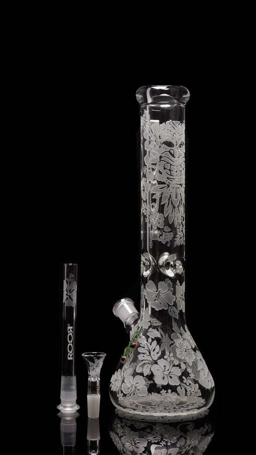 ROOR® Sandblasted 14" Beaker 50x9mm Tiki, German Schott glass, floral design, includes downstem and funnel bowl.