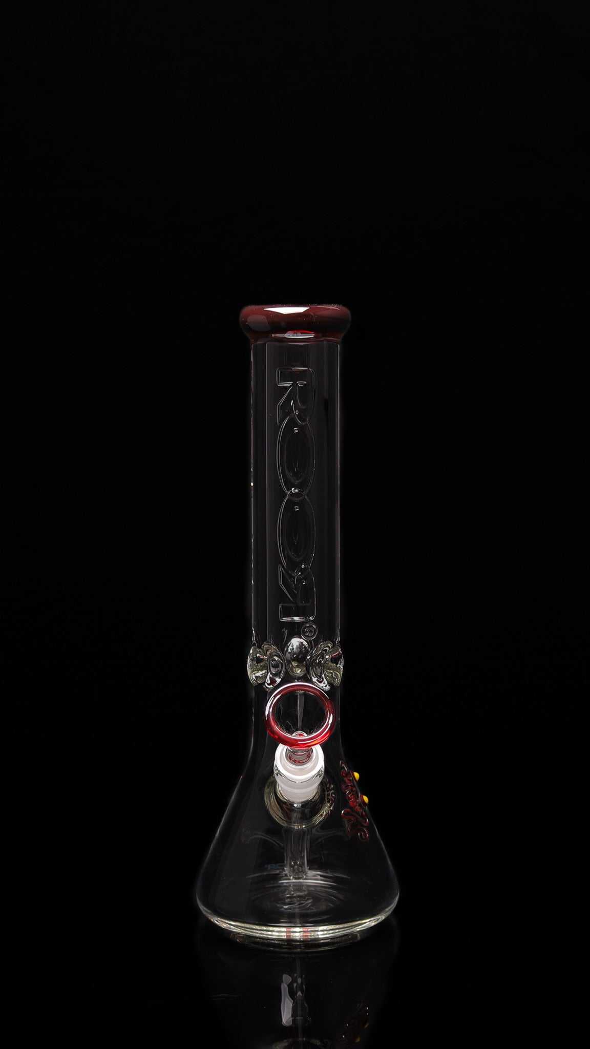 ROOR Classic 14" Beaker 50x9mm Limited RED Edition glass smoking pipe with red accents and clear beaker base against black background