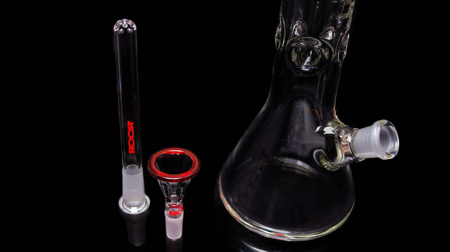 Clear ROOR Classic 14" glass beaker bong with red rim bowl and downstem on black background