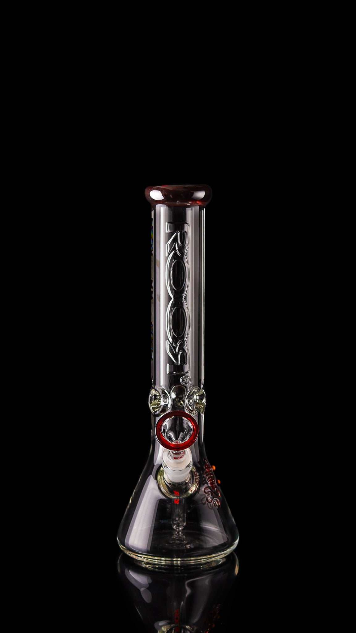 ROOR Classic 14-inch glass beaker bong with red accents and logo on black background