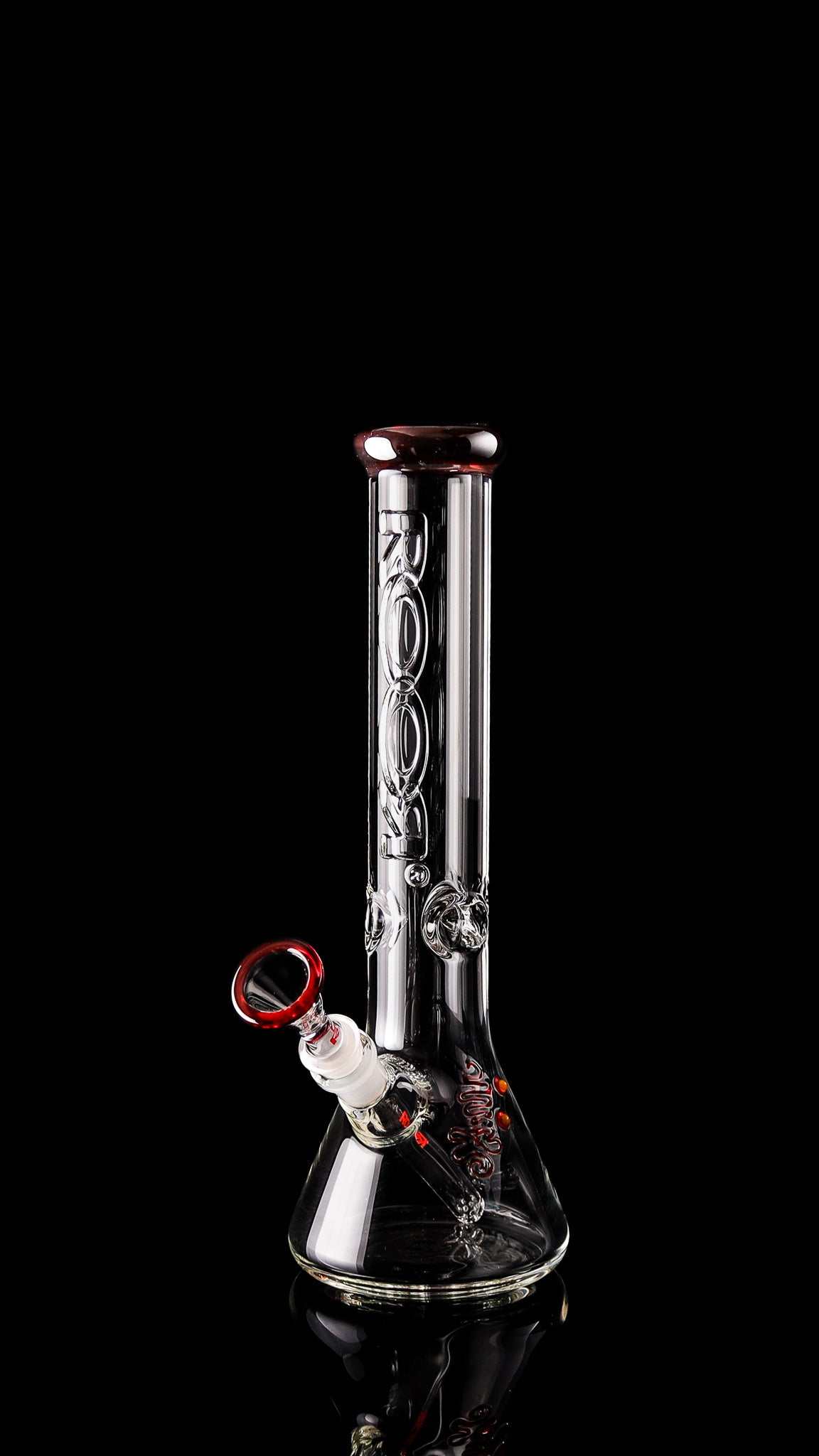 ROOR® Classic 14" beaker glass bong with red accents and embossed logo on black background