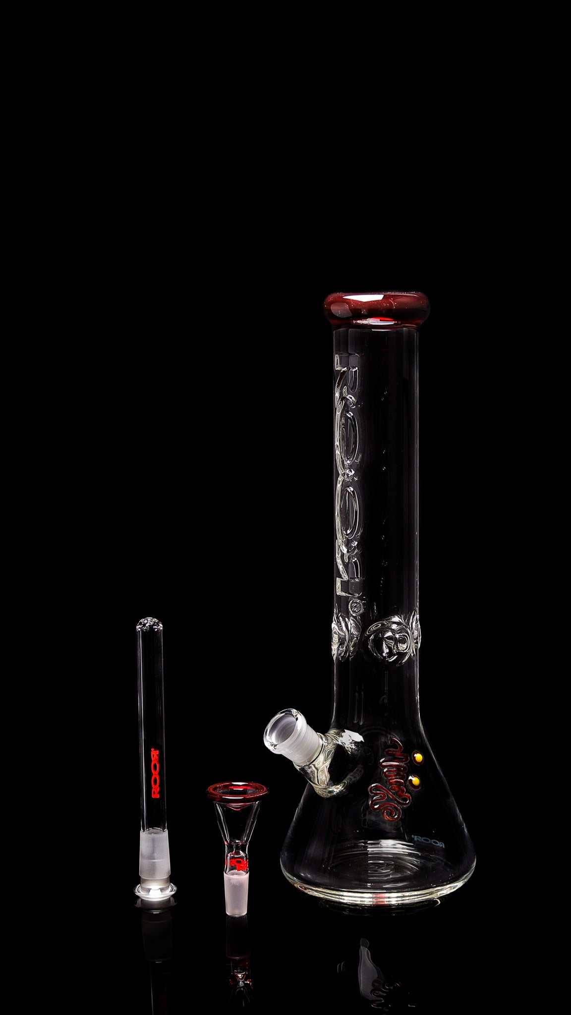 ROOR Classic 14-inch beaker bong with red accents, 50x9mm German Schott glass, flame-polished finish, and signature logo