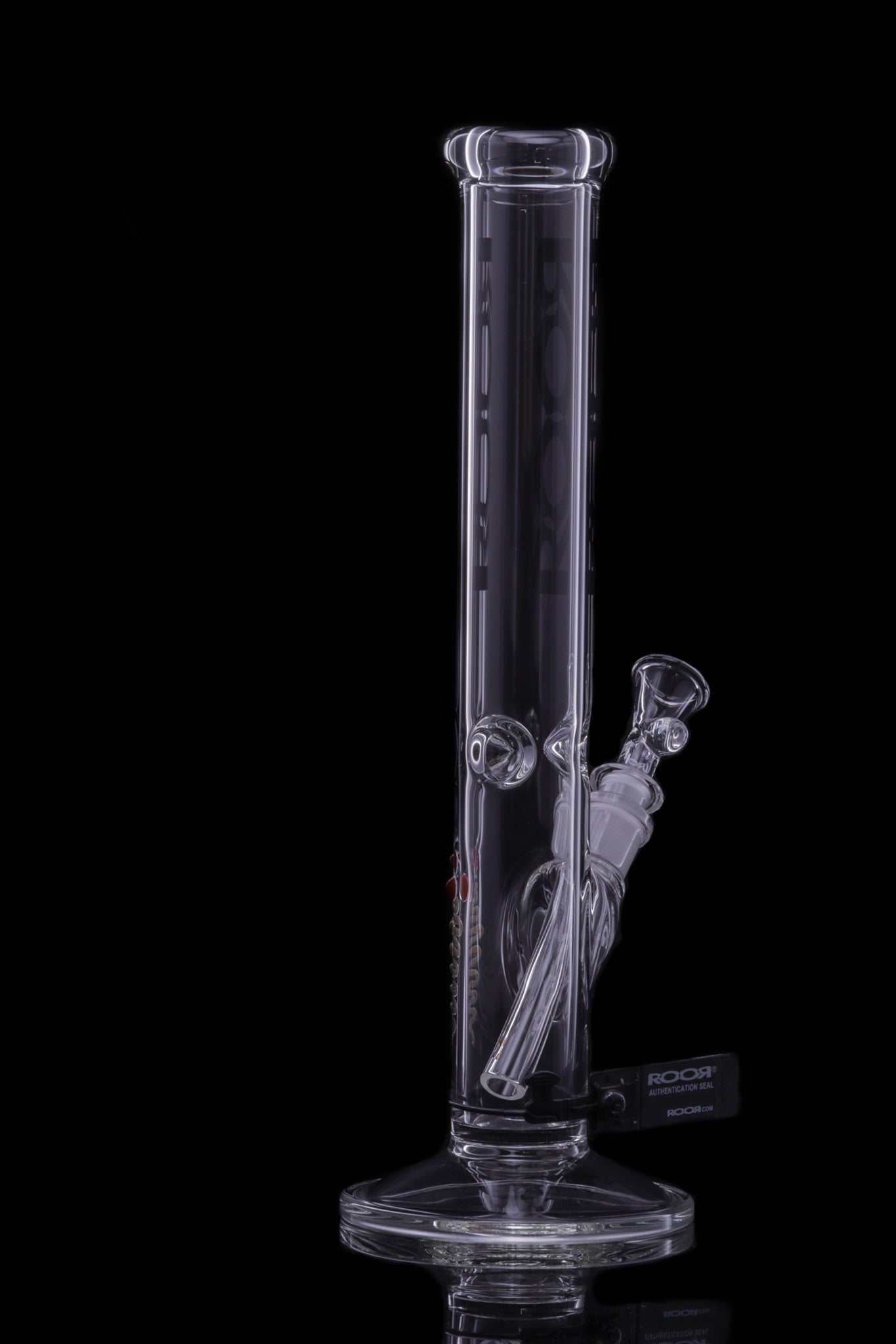 ROOR Classic 14" Straight 45x5mm Black glass bong with ice pinches and downstem on black background