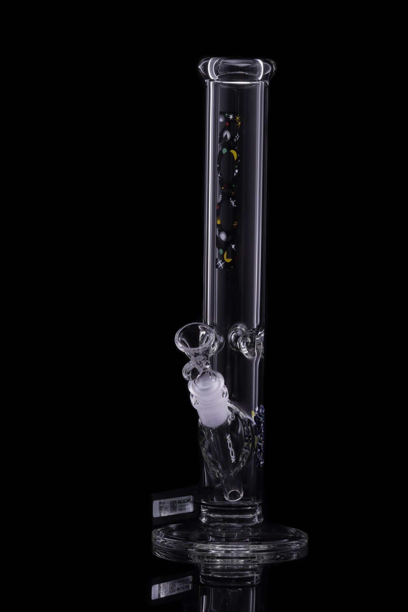 ROOR® Classic 14" Straight 45x5mm Galaxy glass smoking tube with galaxy decal and ice pinches on black background