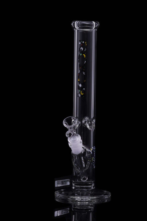 ROOR® Classic 14" Straight 45x5mm Galaxy glass smoking tube with galaxy decal and ice pinches on black background