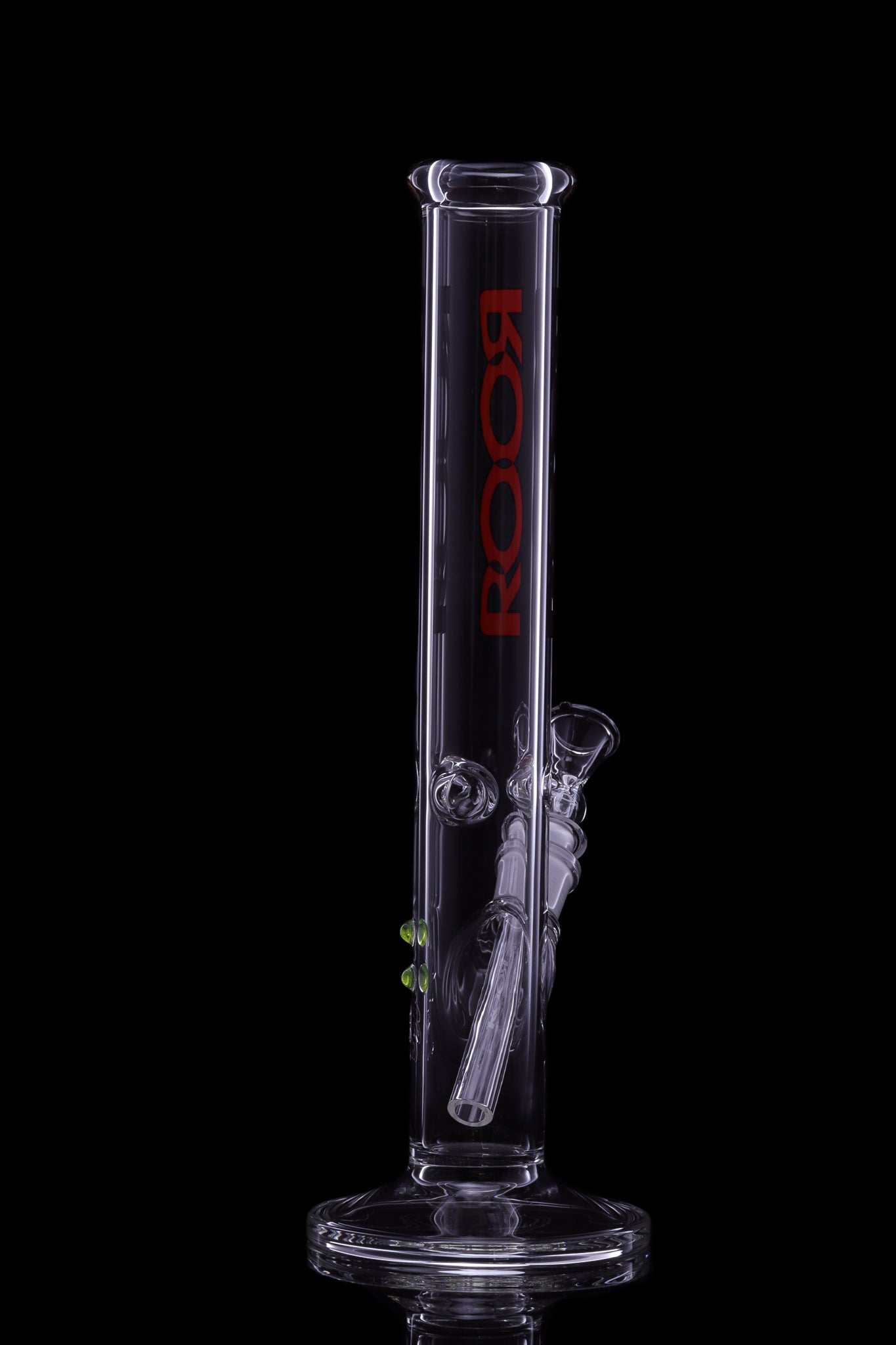 ROOR Classic 14-inch straight glass bong with red and black logo on clear Schott glass tube