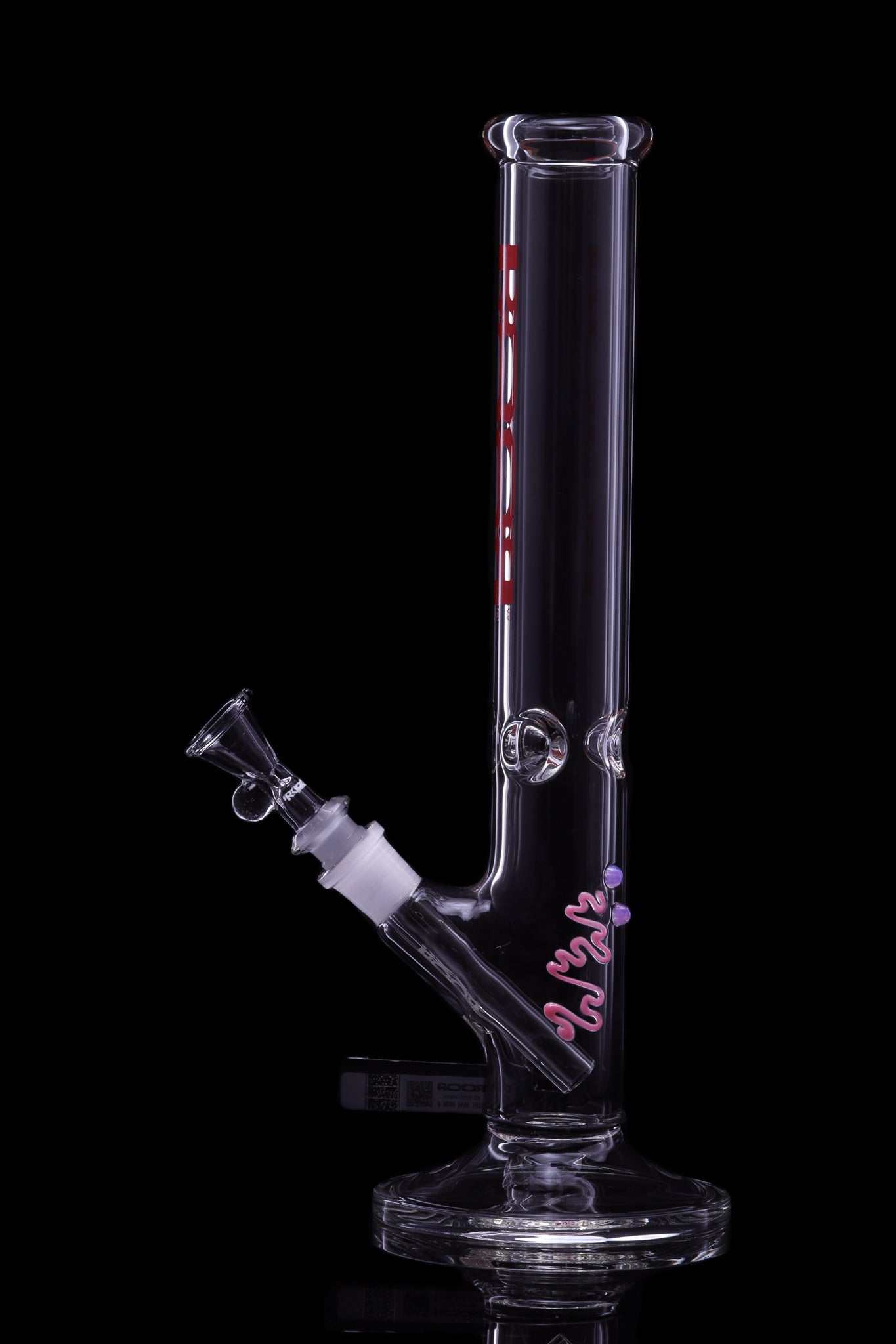 ROOR Classic 14-inch straight glass water pipe with red decal and ice pinches, made from thick German Schott glass.