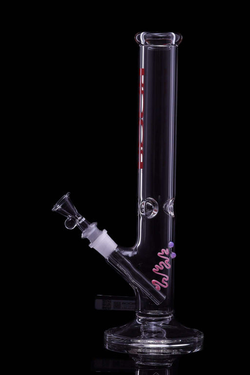 ROOR Classic 14-inch straight glass bong with red decal and ice pinches, made from thick German Schott glass.
