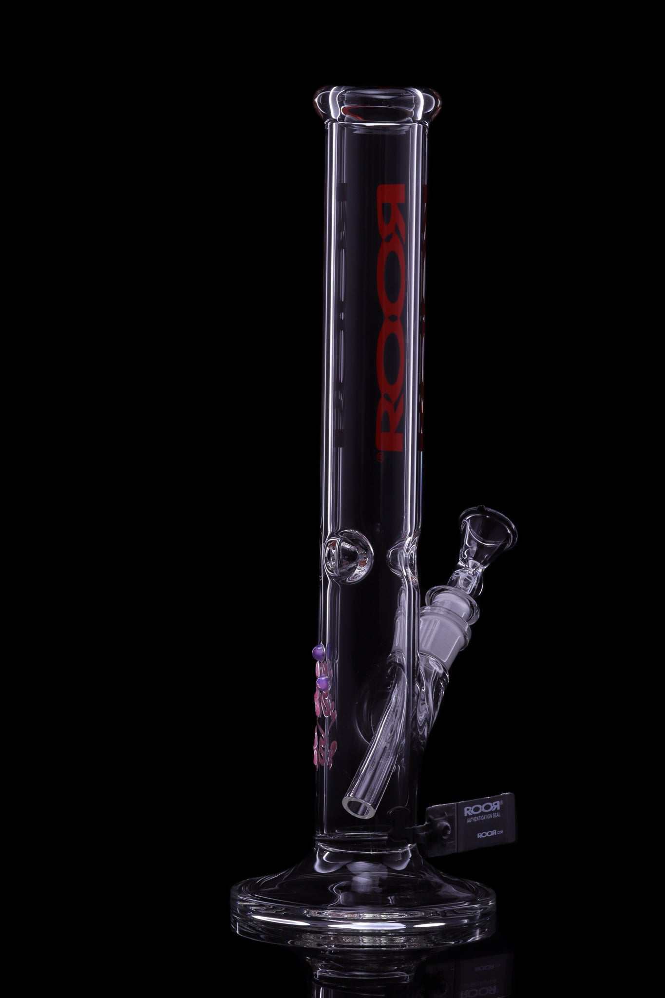 ROOR Classic 14-inch straight glass water pipe with red decal, thick German Schott glass, ice pinches, and clear base.