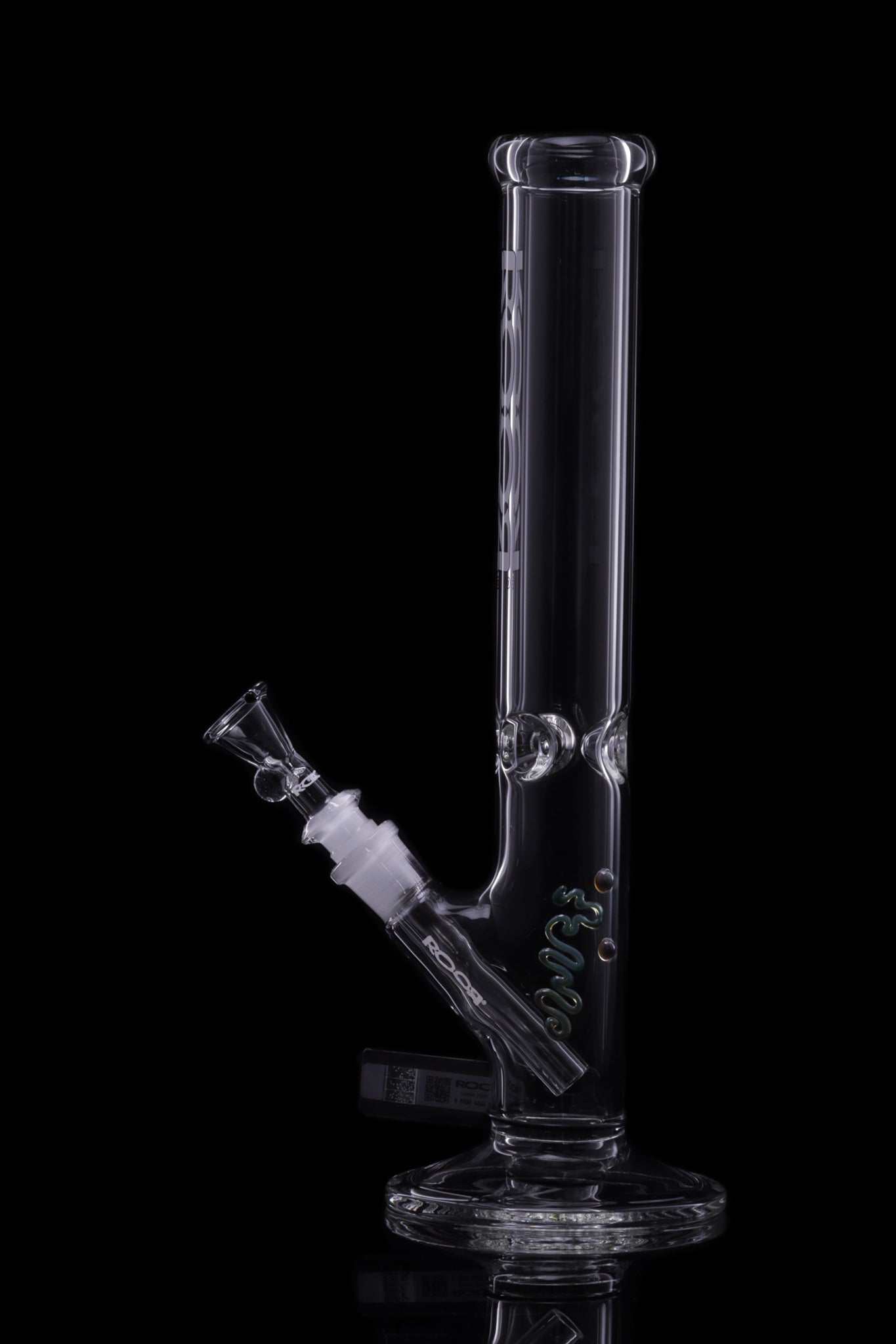 ROOR® Classic 14" Straight 45x5mm glass with white and black decal, featuring ice pinches and medium funnel bowl.
