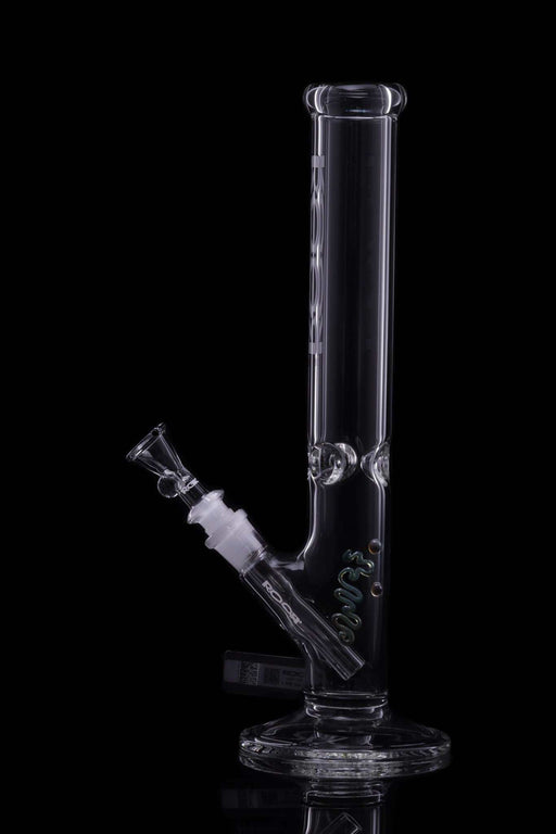 ROOR® Classic 14" Straight 45x5mm glass with white and black decal, featuring ice pinches and medium funnel bowl.