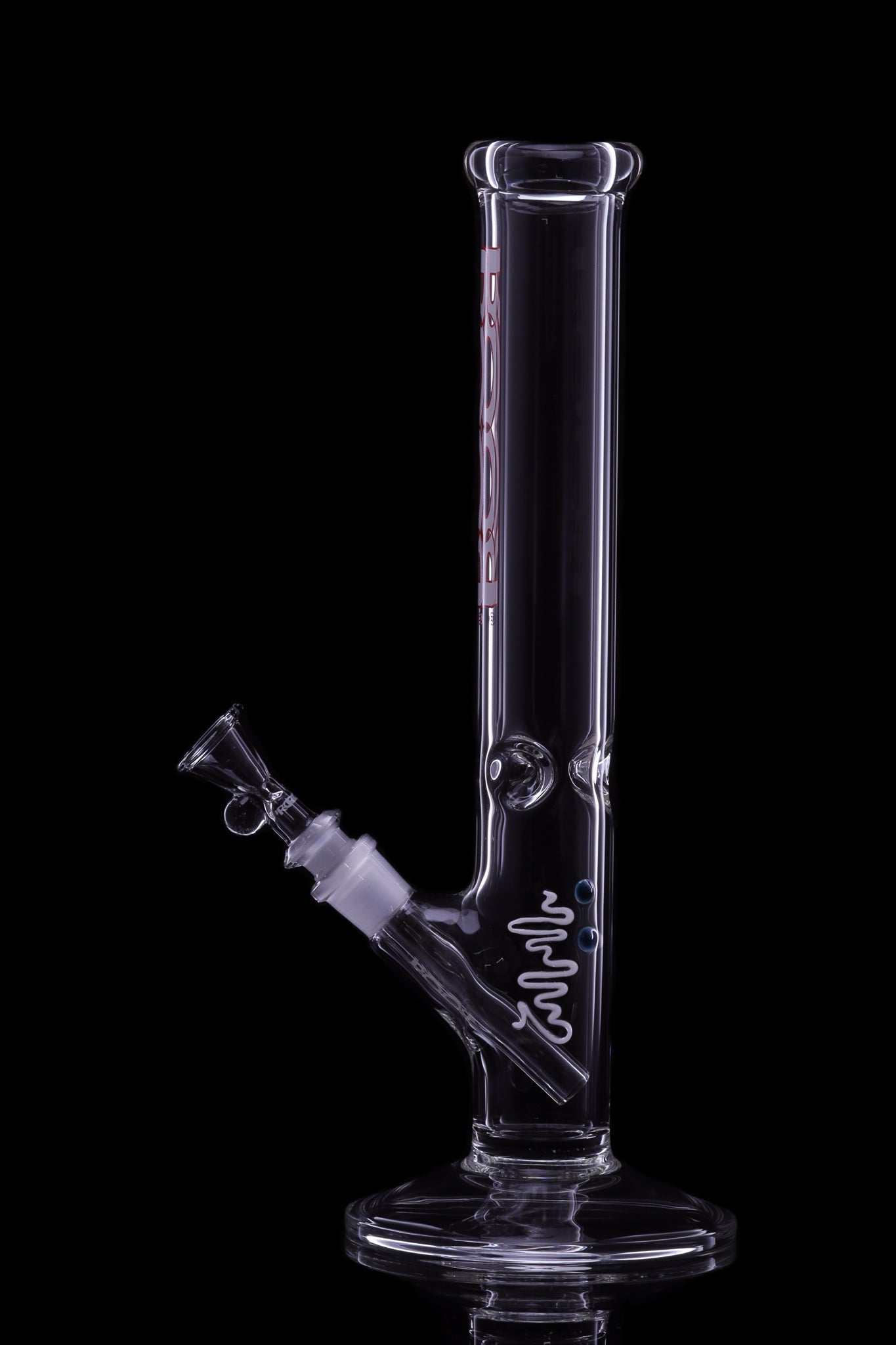 ROOR Classic 14" straight glass bong with white and red decal, 45x5mm thick German Schott glass tube.