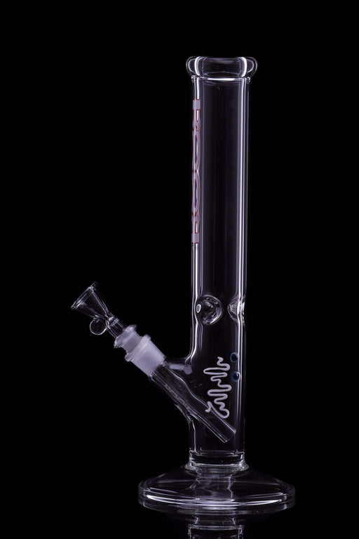 ROOR Classic 14" straight glass bong with white and red decal, 45x5mm thick German Schott glass tube.