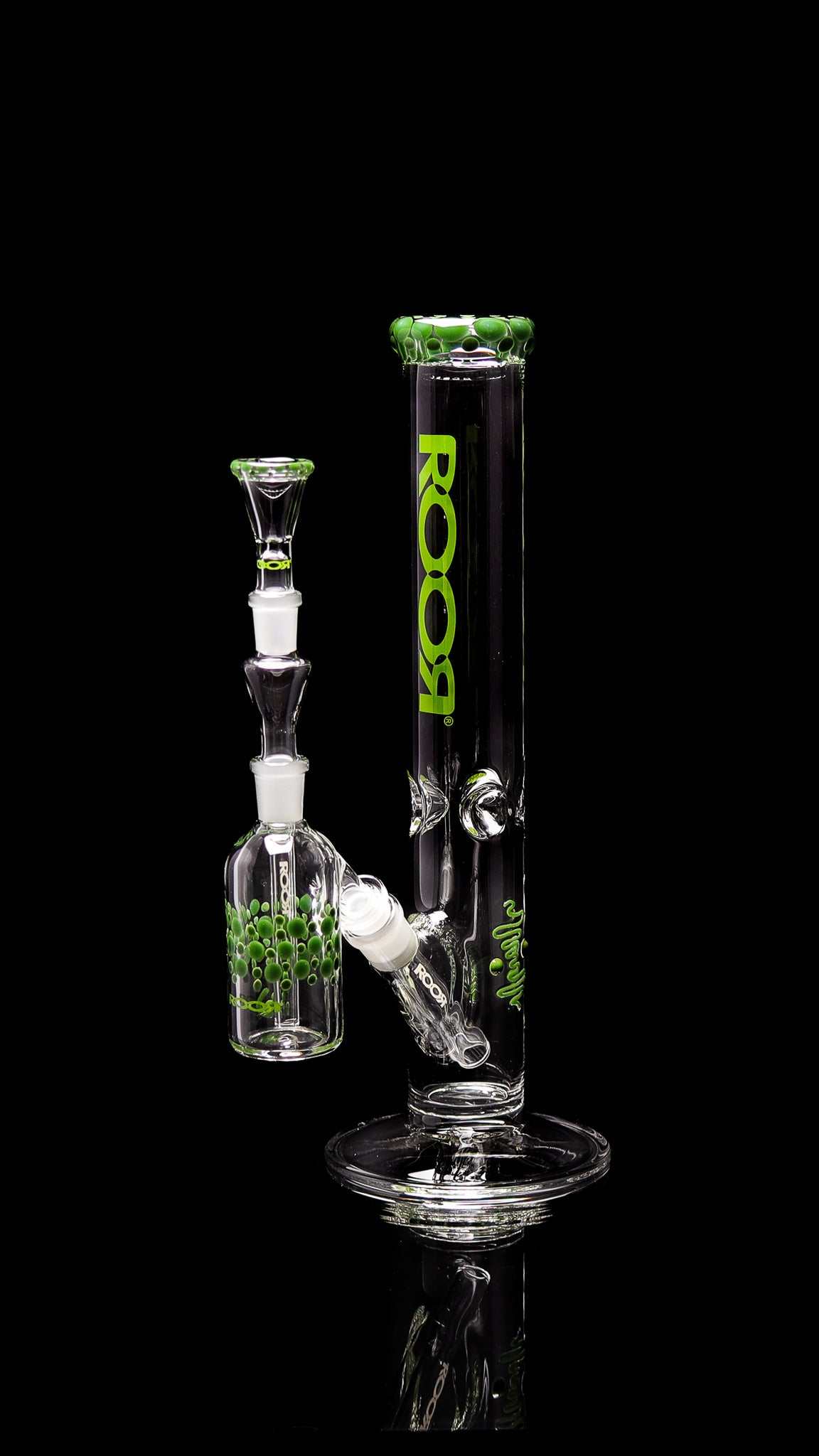 ROOR Classic 14" Straight glass bong with green pearl dot accents and matching bowl on black background