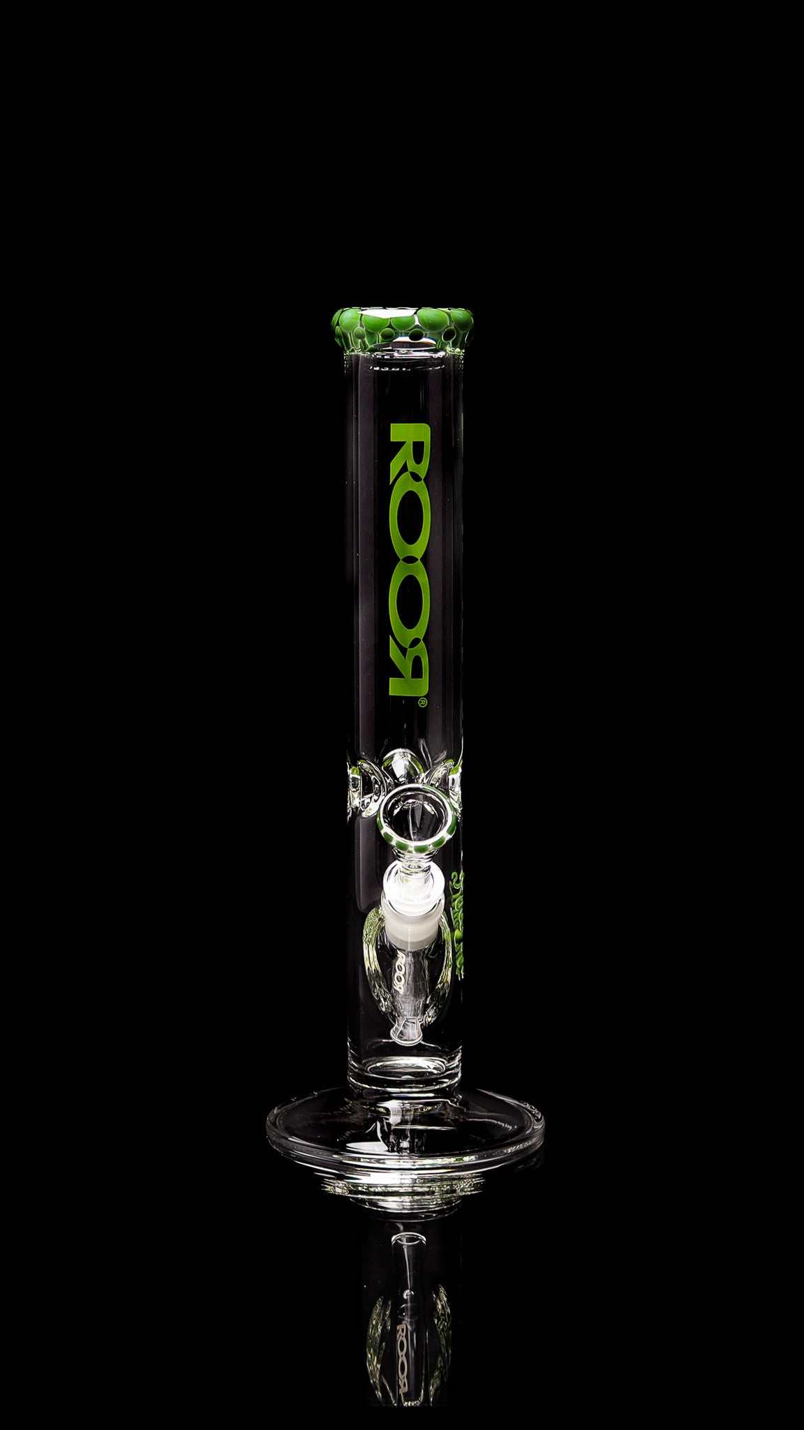 ROOR Classic 14-inch straight glass bong with green pearl dot accents and logo on clear tube