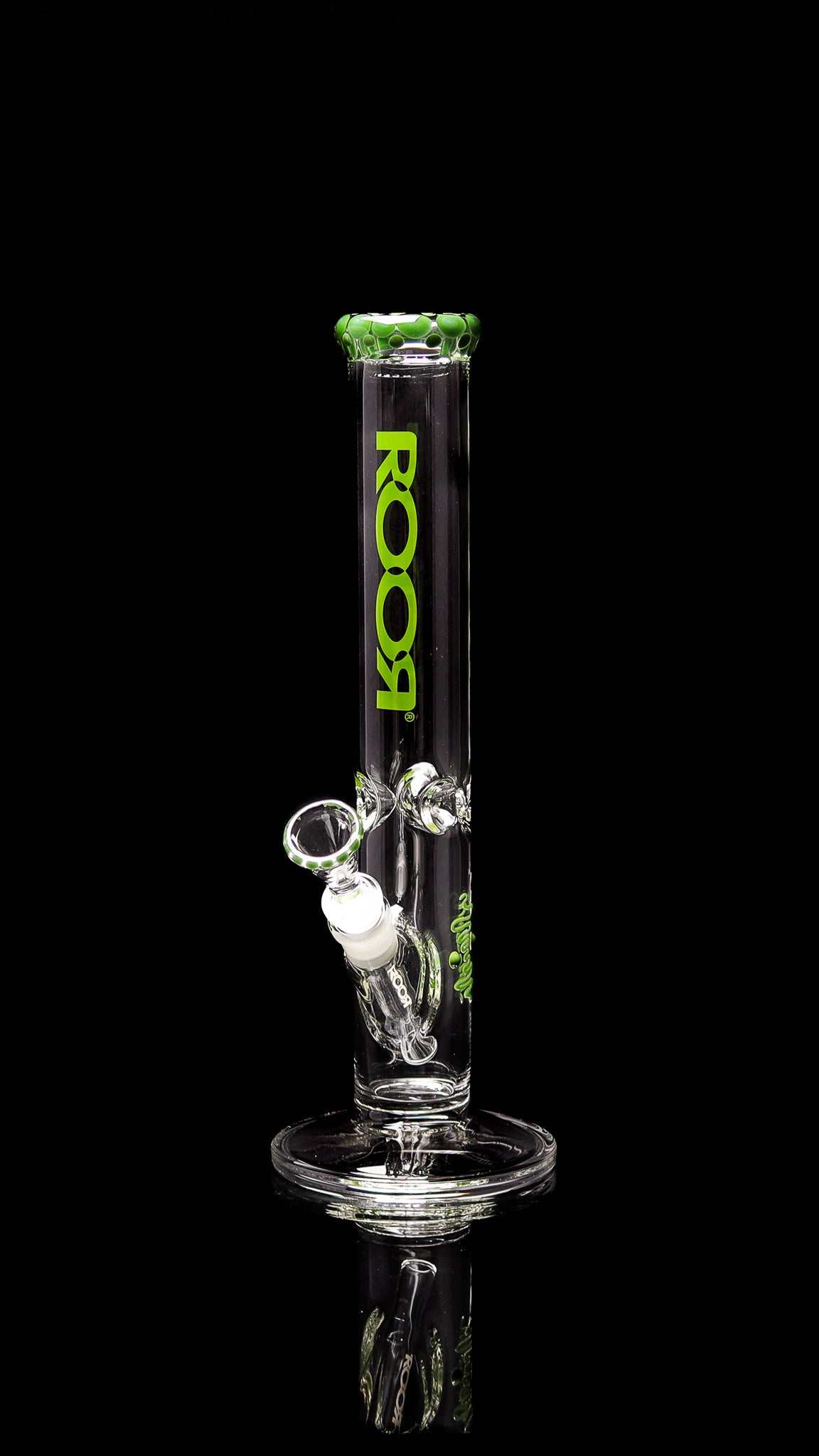 ROOR Classic 14-inch straight glass bong with green pearl dot mouthpiece and logo on black background