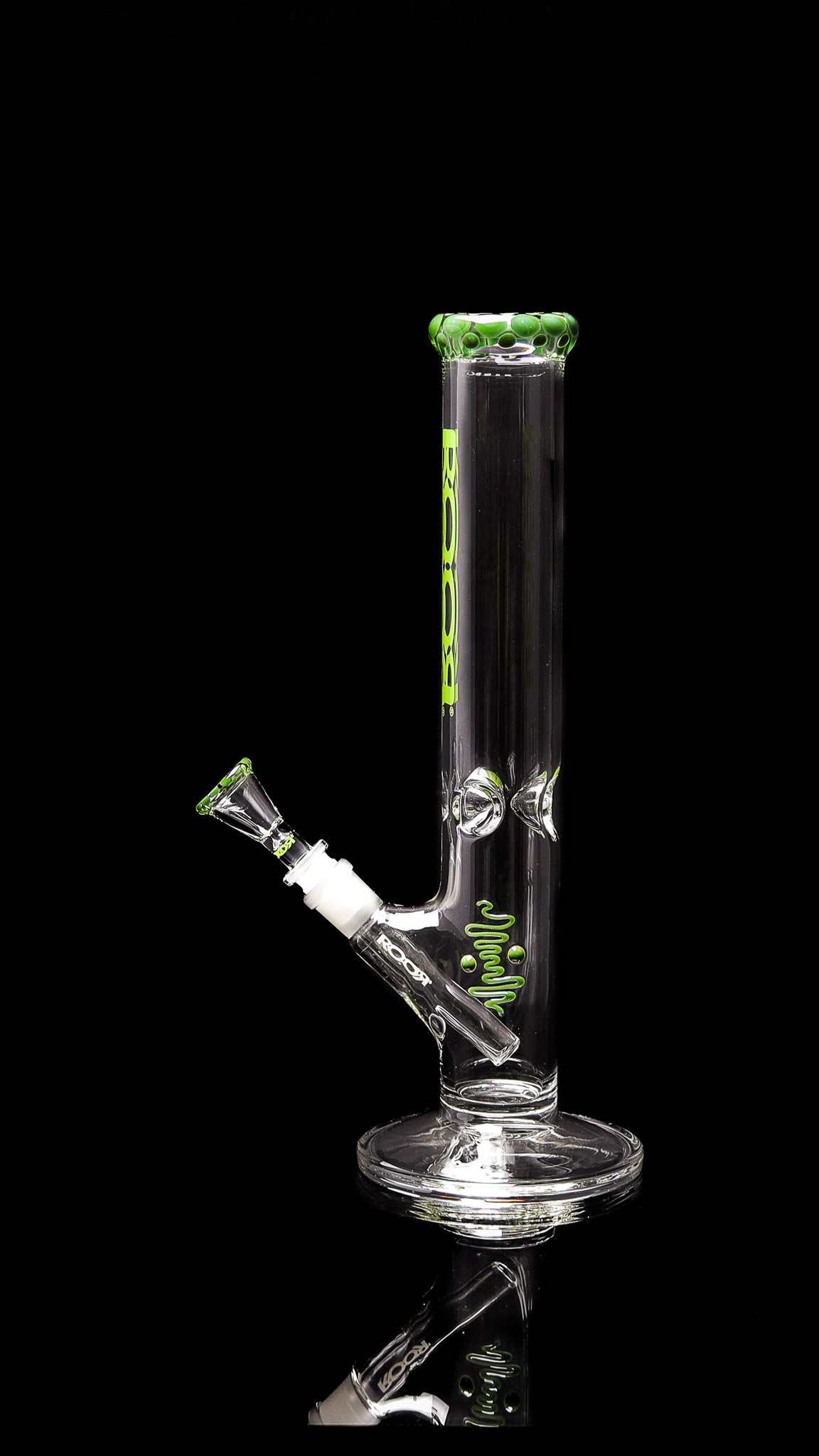 ROOR Classic 14" Straight glass bong with green pearl dot mouthpiece and bowl, 50x5mm German Schott glass