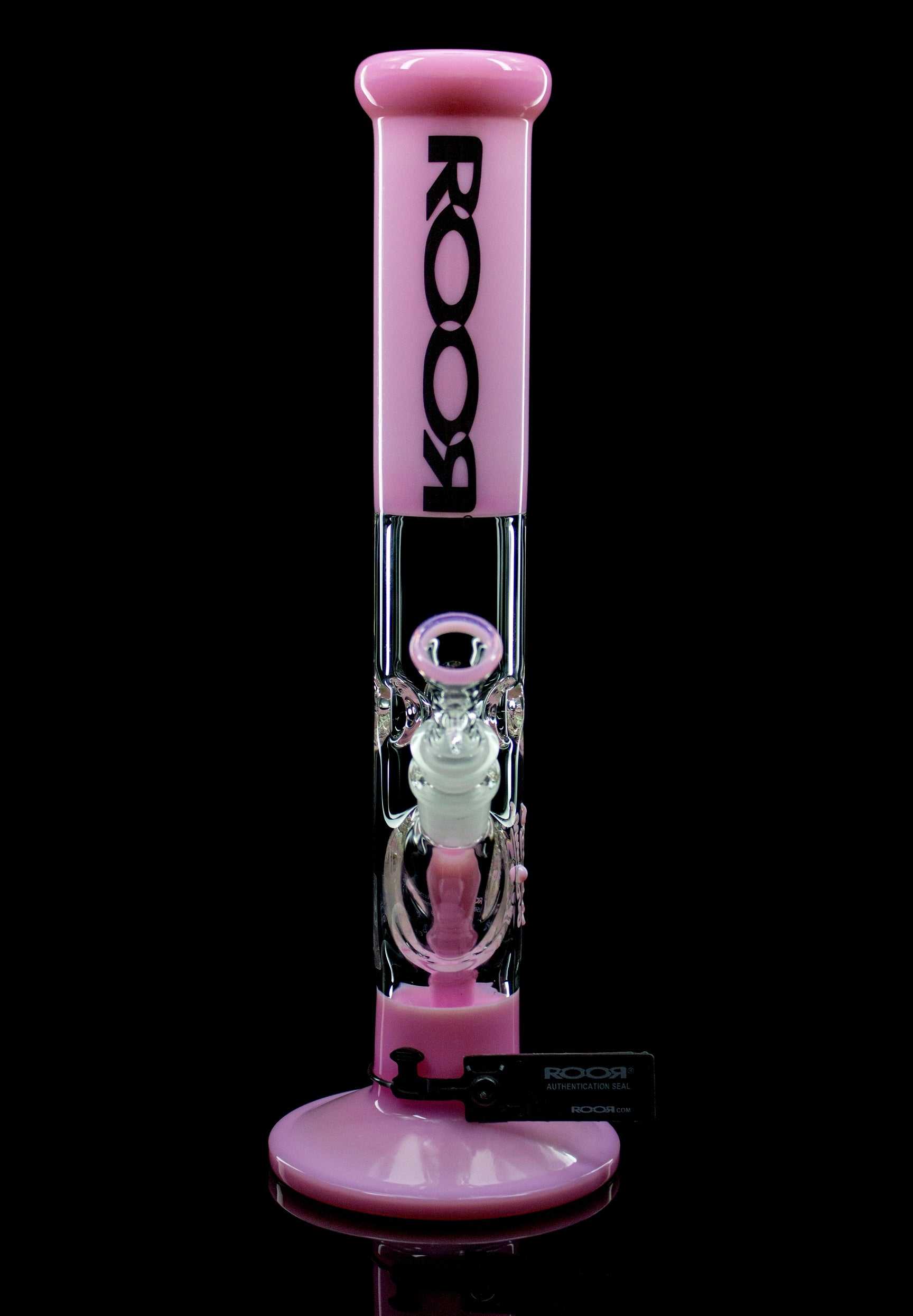 ROOR® Classic 14" Color Straight 50x5mm Pink glass bong with black ROOR® logo on pink mouthpiece and base