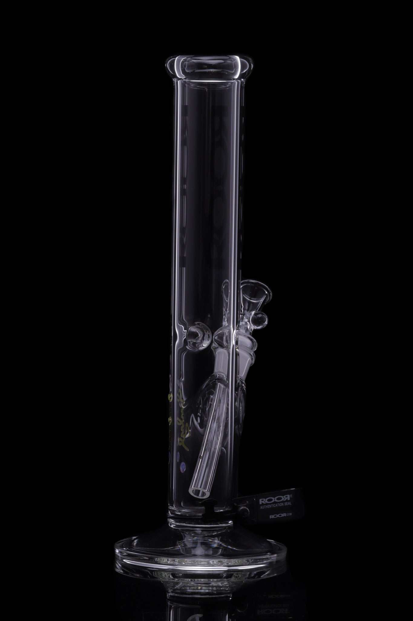 ROOR® Classic 14" Straight 50x5mm Black glass water pipe with clear tube and black decal on black background