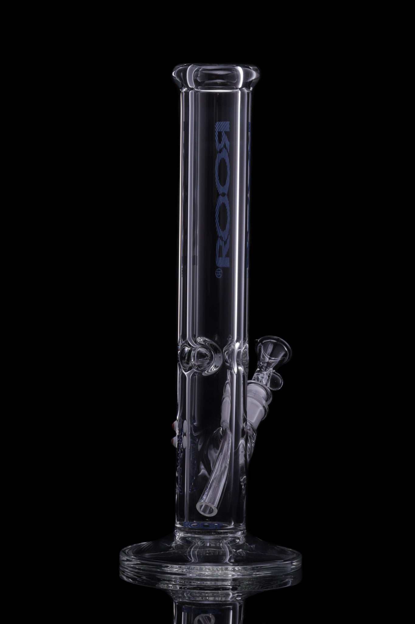 ROOR Classic 14" Straight 50x5mm clear glass water pipe with blue logo on black background
