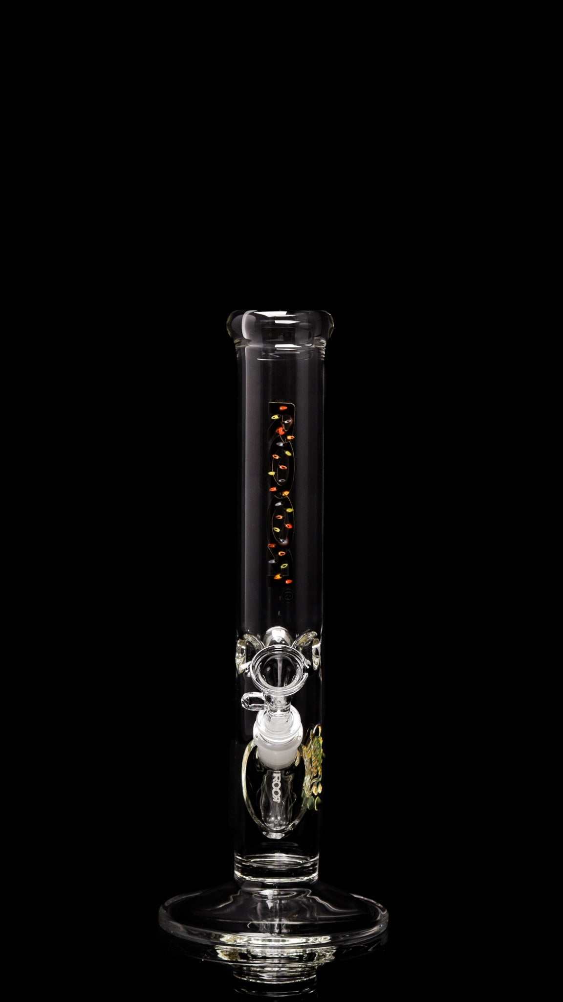 ROOR® Classic 14" Straight 50x5mm X-Mas Lights glass tube with unique signature and built-in ice pinches on black background.