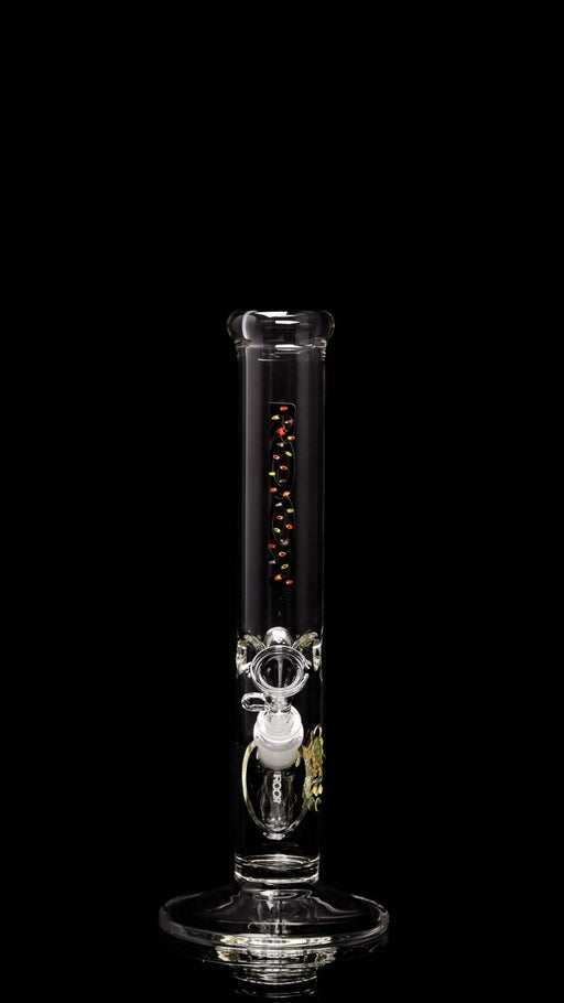 ROOR® Classic 14" Straight 50x5mm X-Mas Lights glass tube with unique signature and built-in ice pinches on black background.