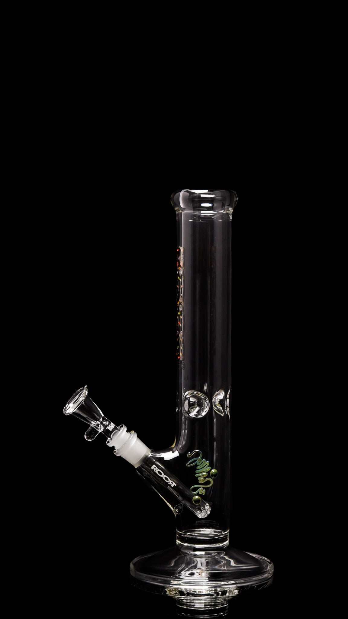 ROOR® Classic 14" Straight 50x5mm glass with X-Mas lights decal, featuring ice pinches and medium funnel bowl, crafted from German Schott glass.