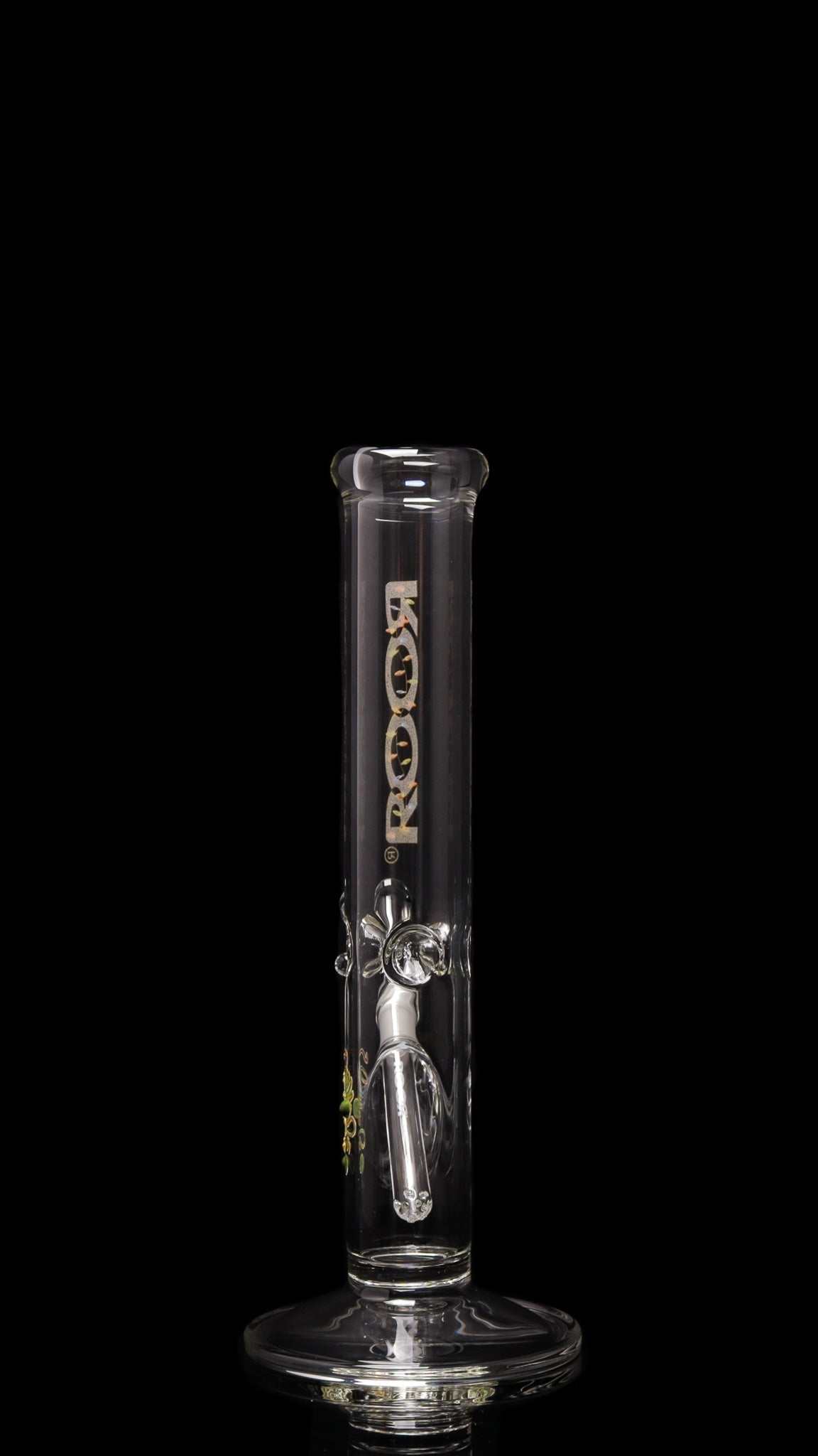 ROOR® Classic 14" Straight 50x5mm glass beaker with X-Mas lights decal against black background.