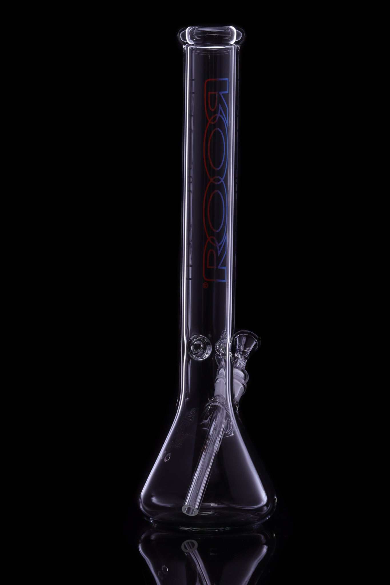 ROOR Classic 18 inch clear glass beaker bong with red and blue outline logo on black background