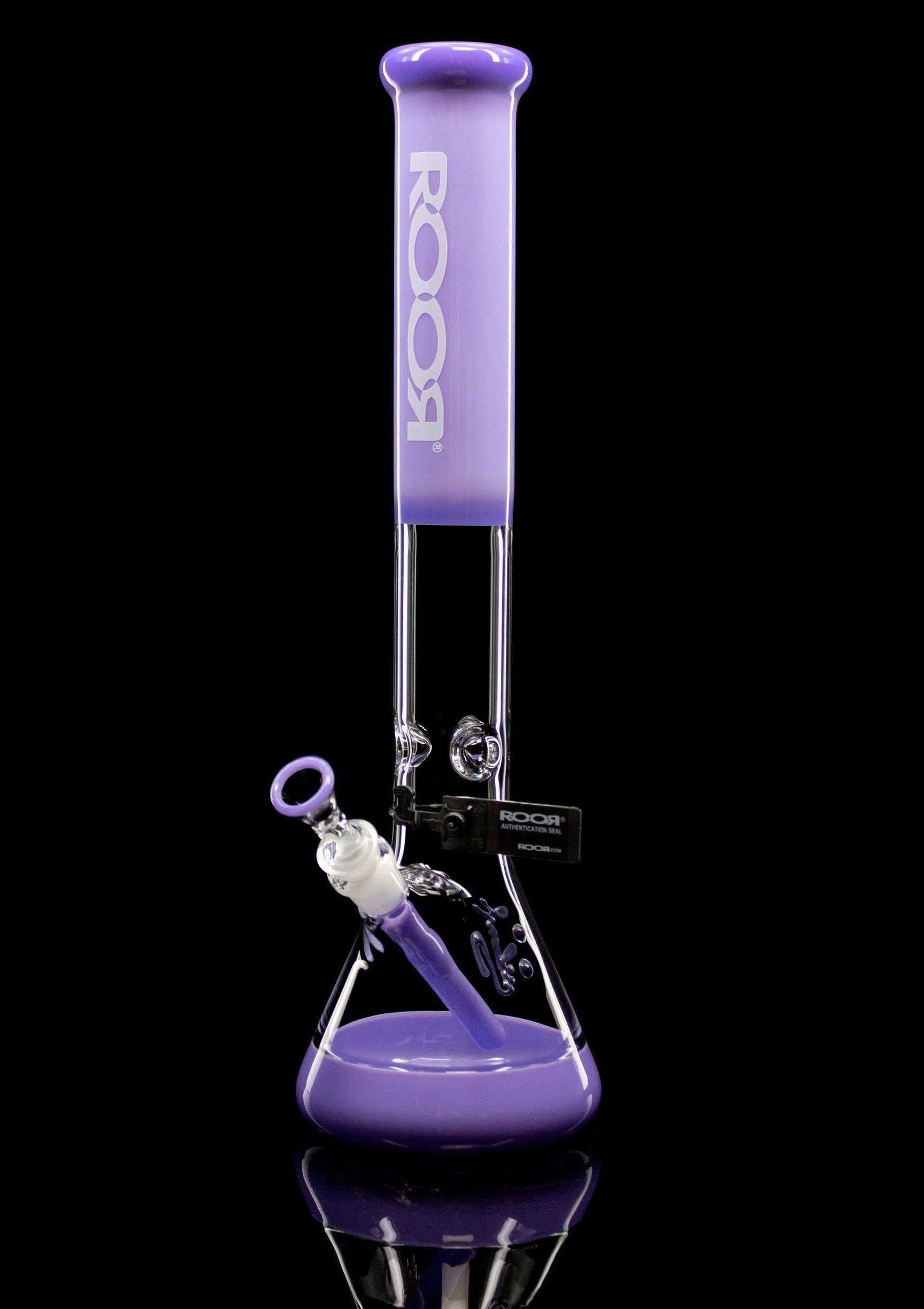 ROOR® Classic 18" Color Beaker in purple with 50x5mm thick glass, featuring a white/black decal and ice pinches.