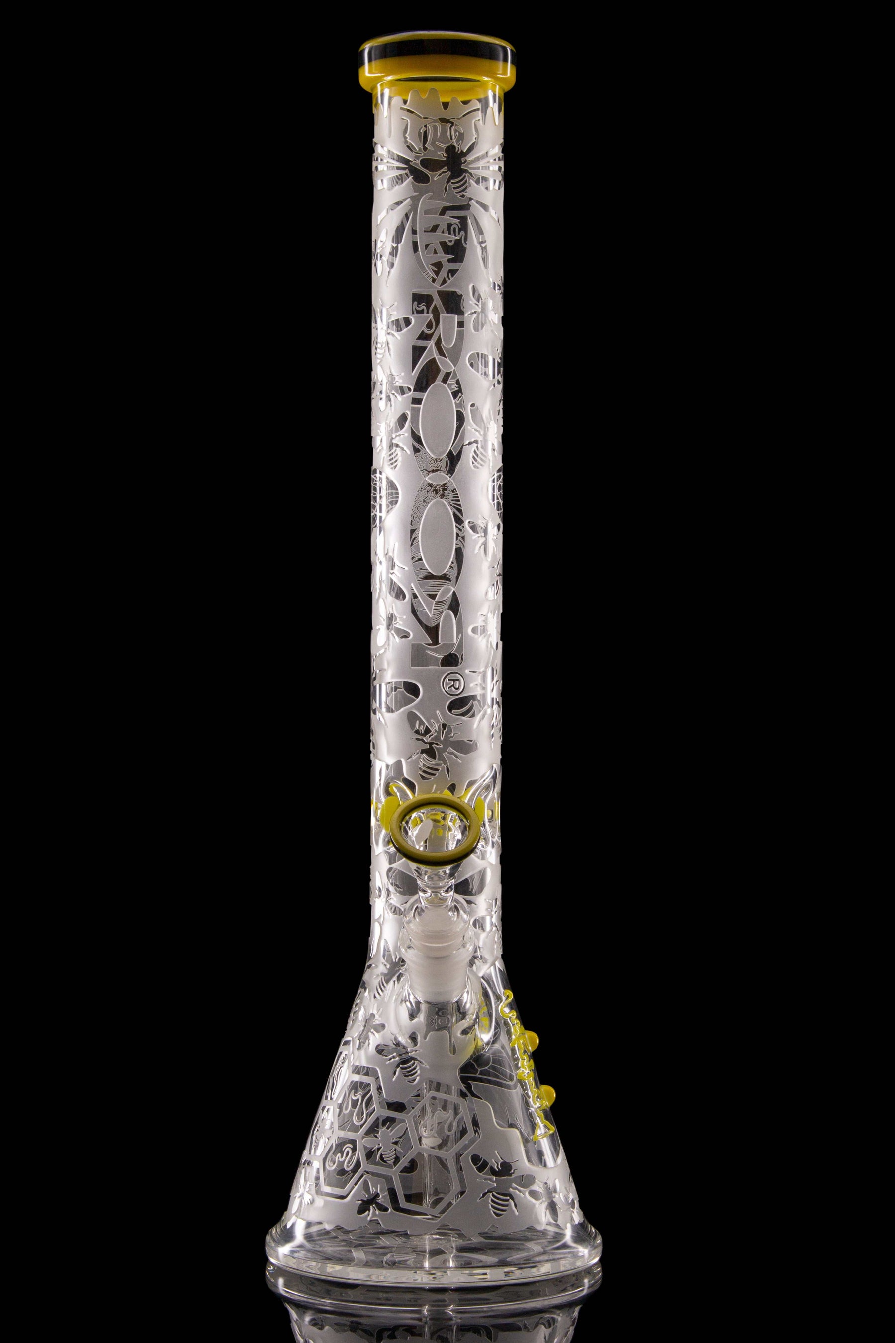 ROOR® HONEYBEE 18" Beaker 50x5mm glass bong with custom sandblasted honeybee design and double color lip and base