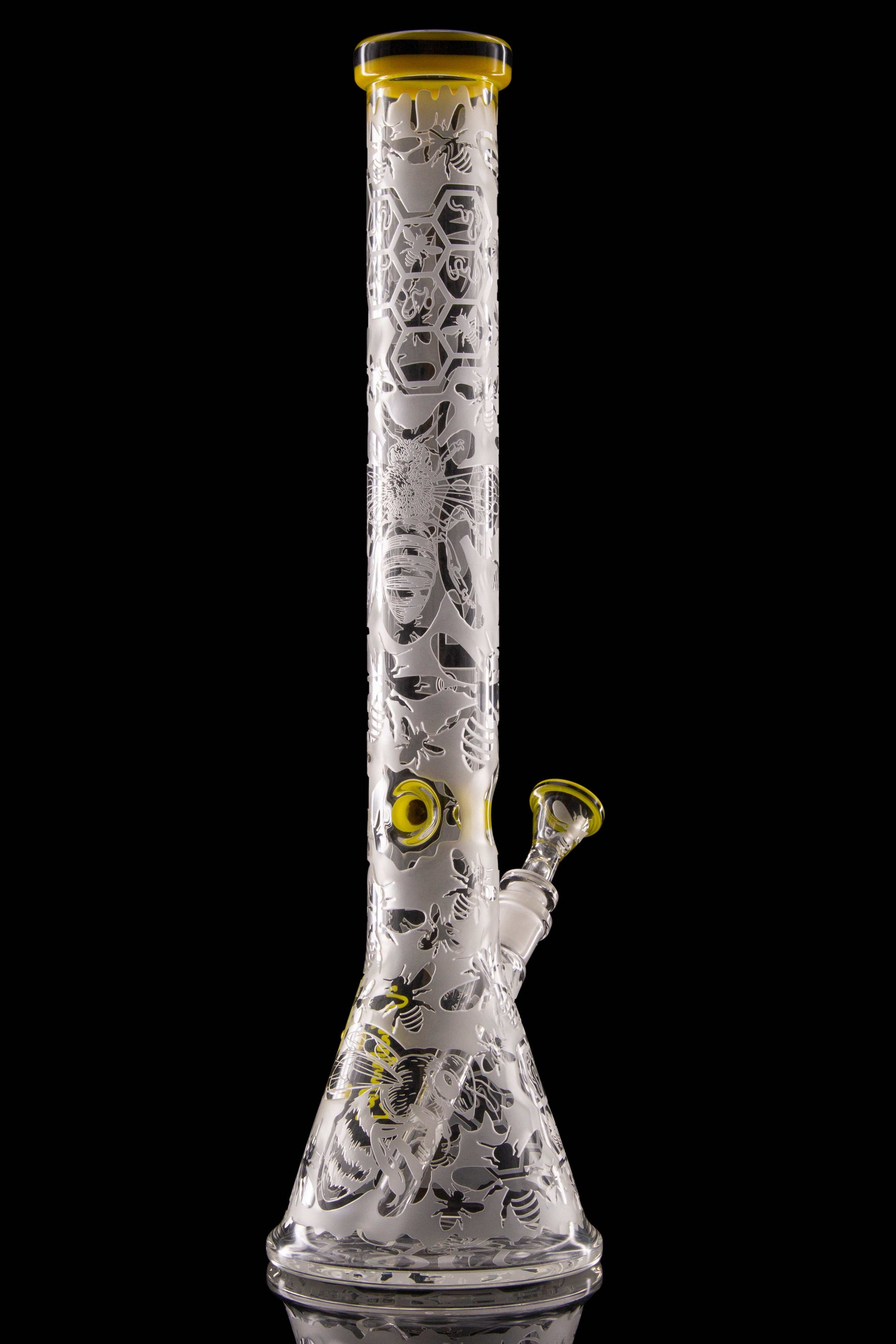 ROOR® HONEYBEE 18" Beaker 50x5mm glass water pipe with custom sandblasted honeybee design and double color yellow accents