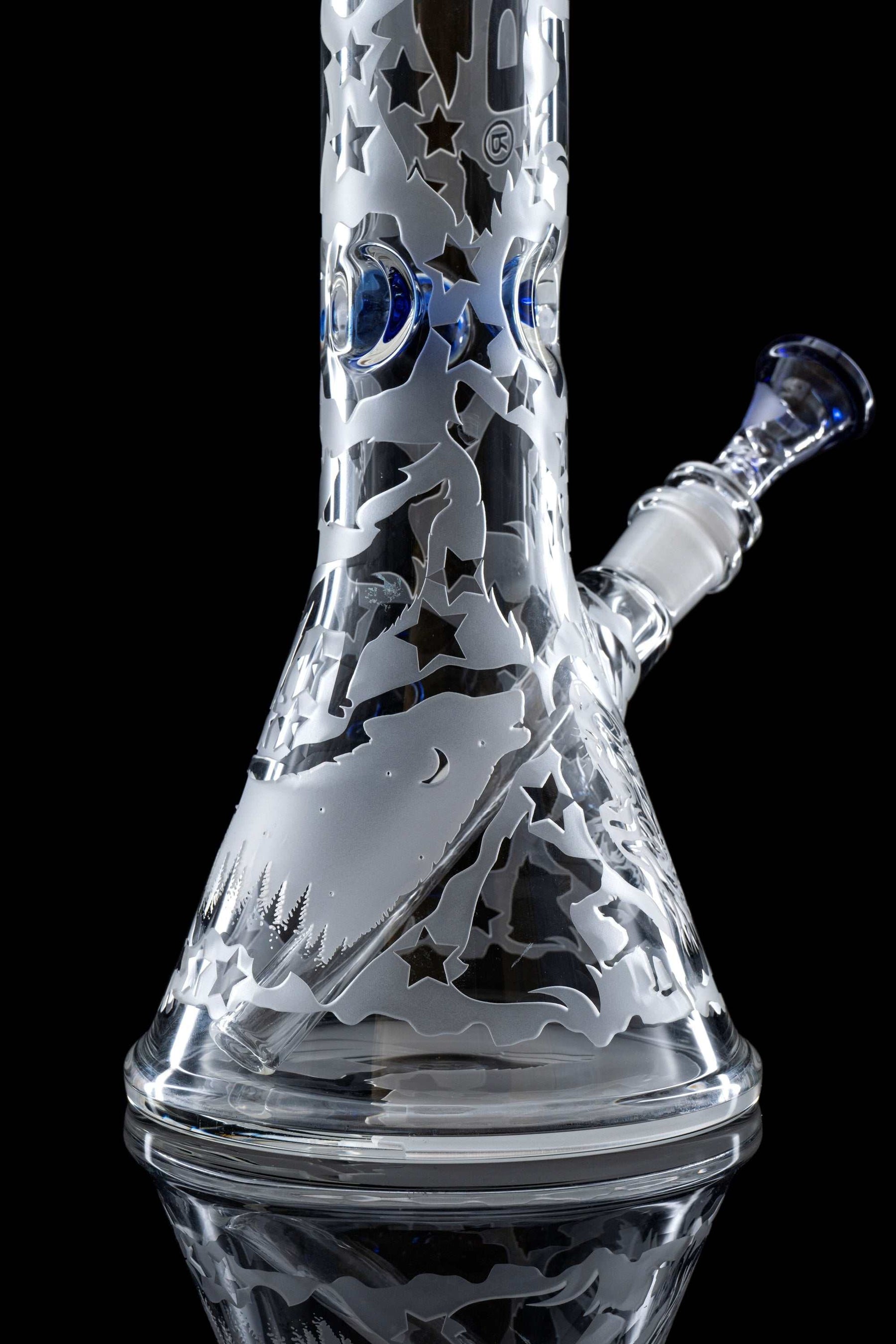 ROOR BLUE WOLF 18" Beaker 50x5mm glass bong with custom sandblasted wolf and star design