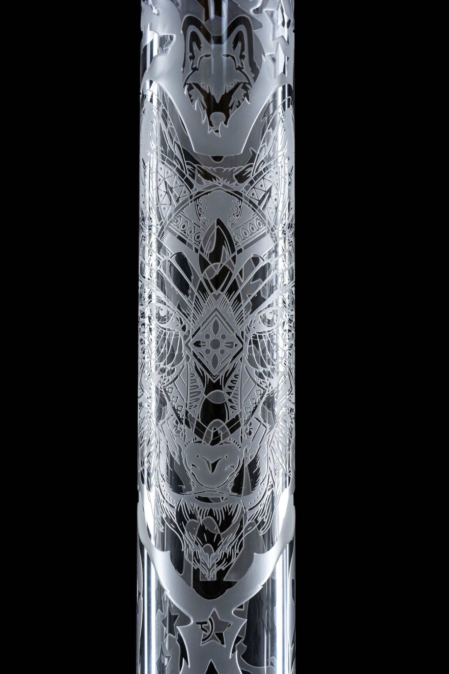Close-up of ROOR BLUE WOLF 18" Beaker 50x5mm custom sandblasted glass tube with intricate wolf design