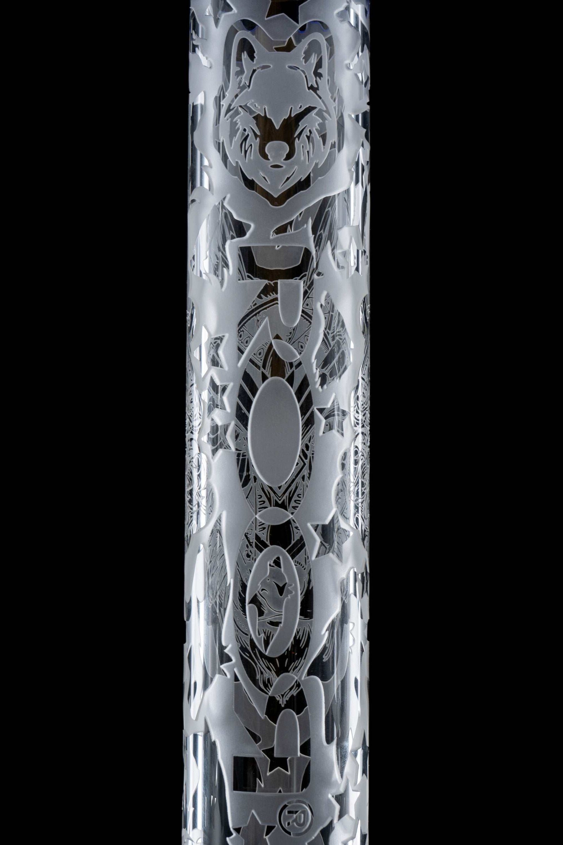 Close-up of ROOR BLUE WOLF 18" Beaker 50x5mm custom sandblasted glass with wolf design