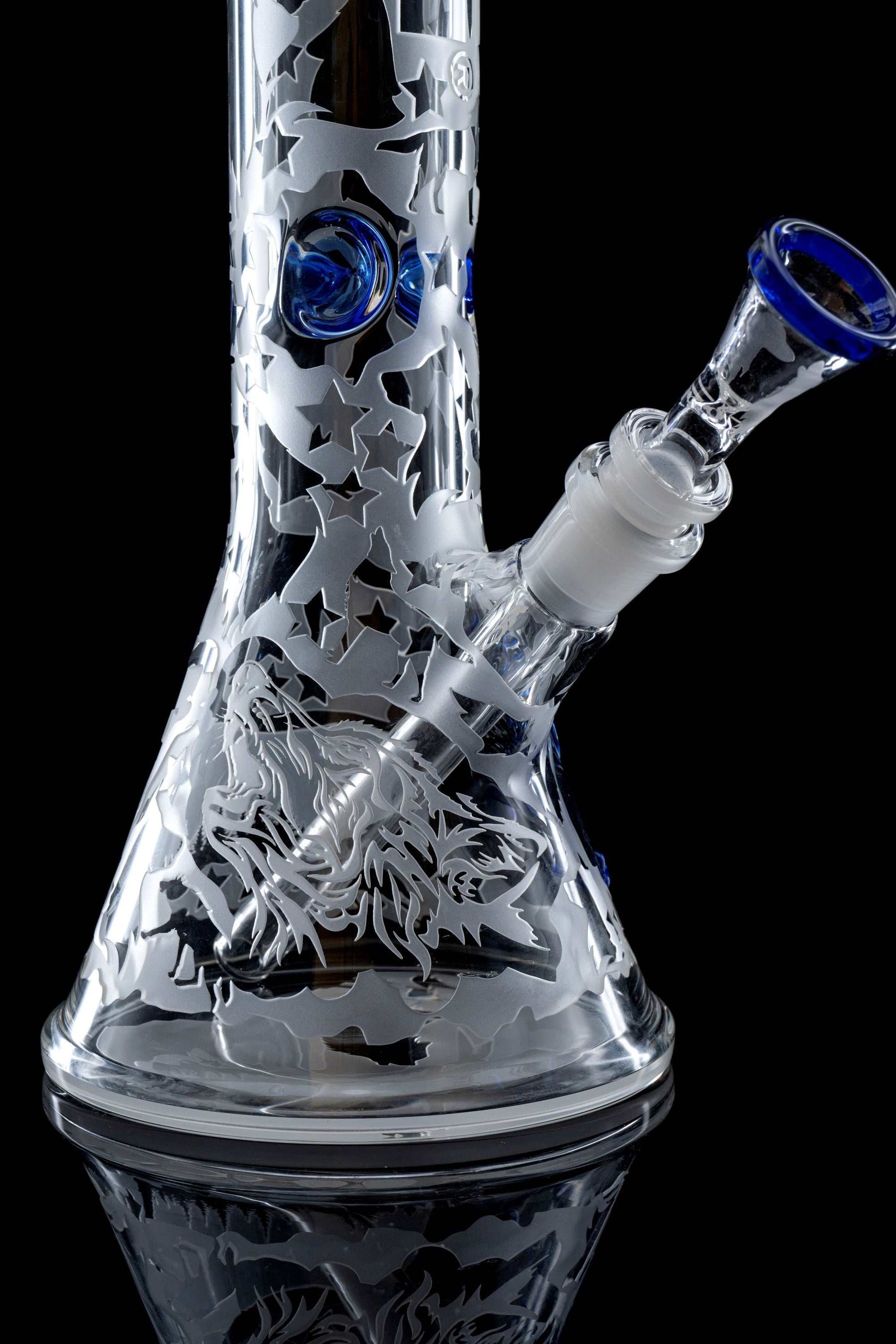 ROOR® Blue Wolf 18" Beaker 50x5mm glass water pipe with custom sandblasted wolf and star design and blue accents