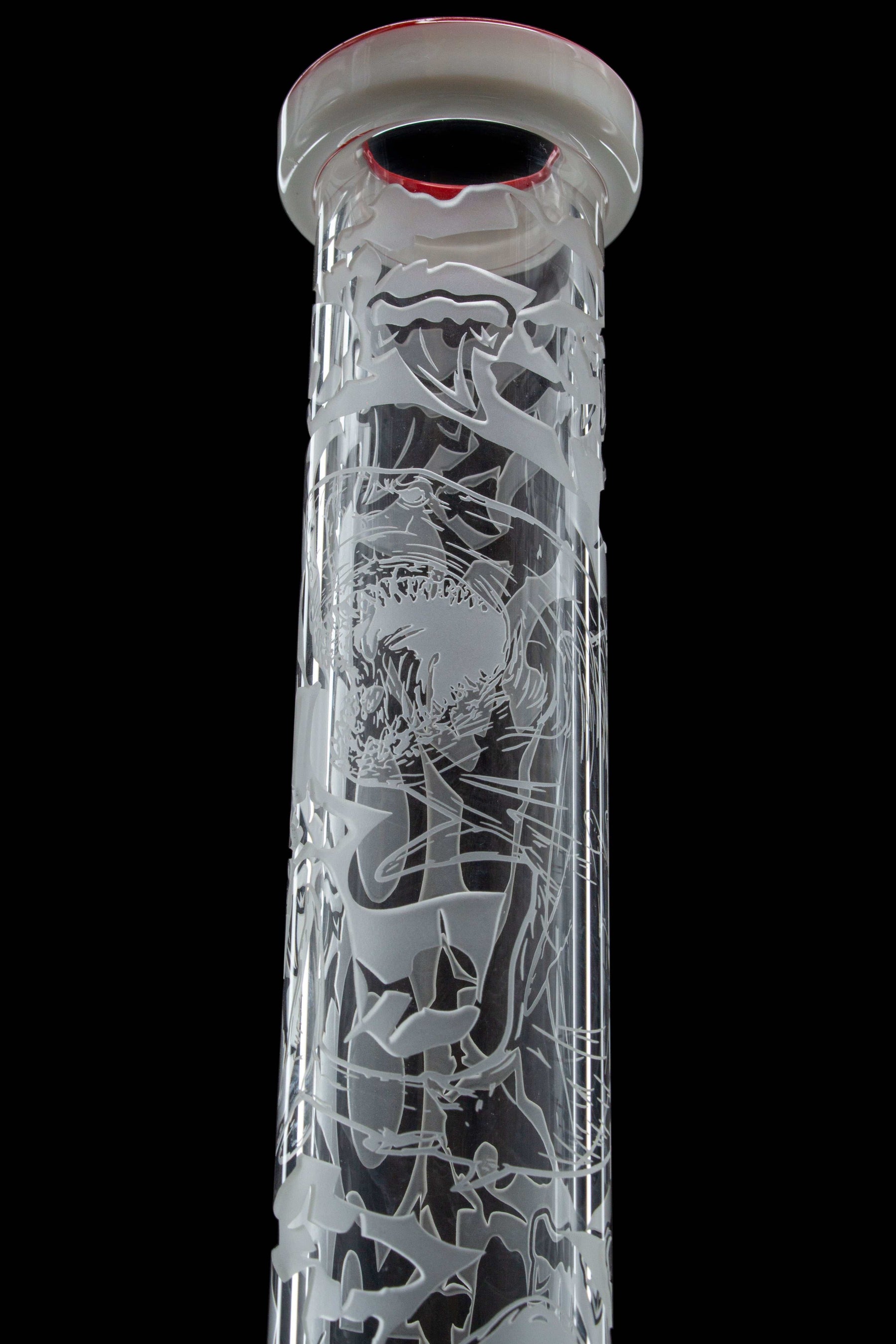 Sandblasted SHARK BITE 18" Beaker with red-accented lip, intricate design.