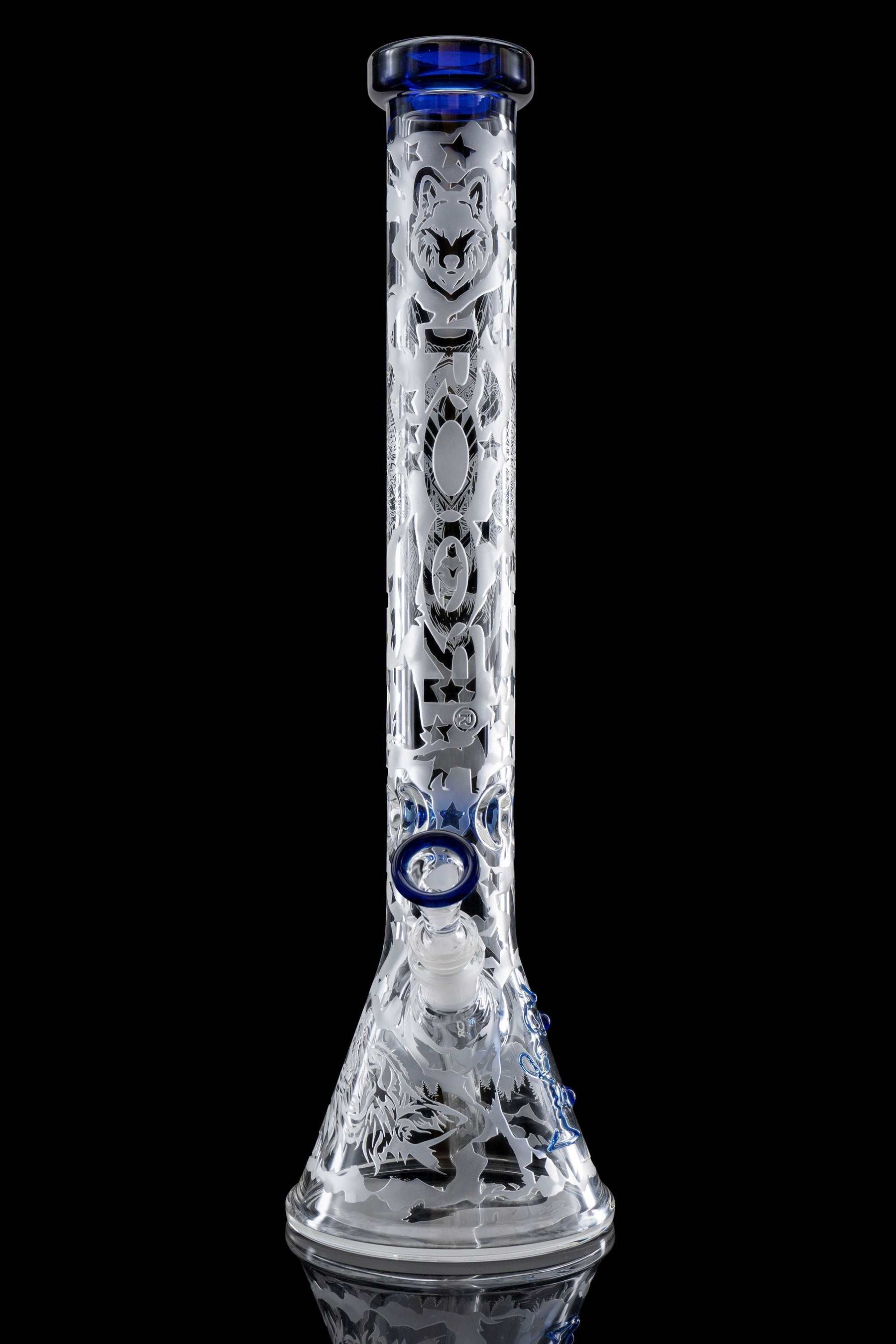 ROOR BLUE WOLF 18" beaker bong with blue accents and custom sandblasted design