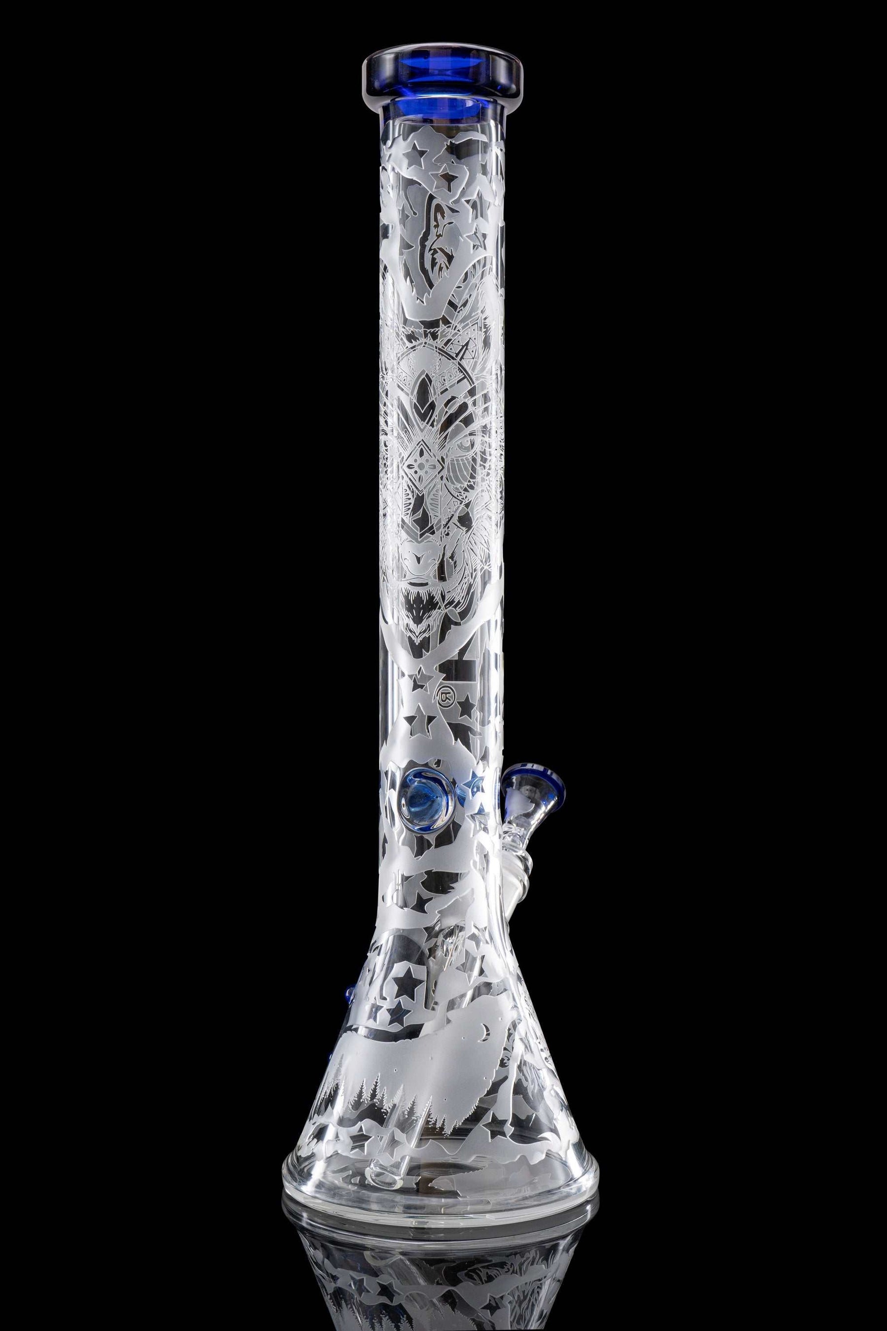 ROOR BLUE WOLF 18" Beaker bong with custom sandblasted design and blue accents