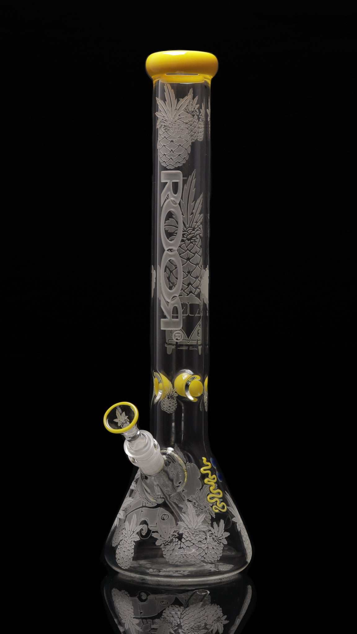 ROOR Pineapple Express 18 inch beaker bong with yellow accents and sandblasted pineapple design