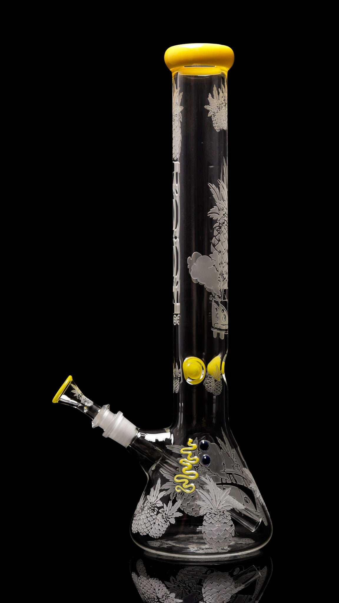 ROOR Pineapple Express 18" beaker bong with yellow mouthpiece and sandblasted design