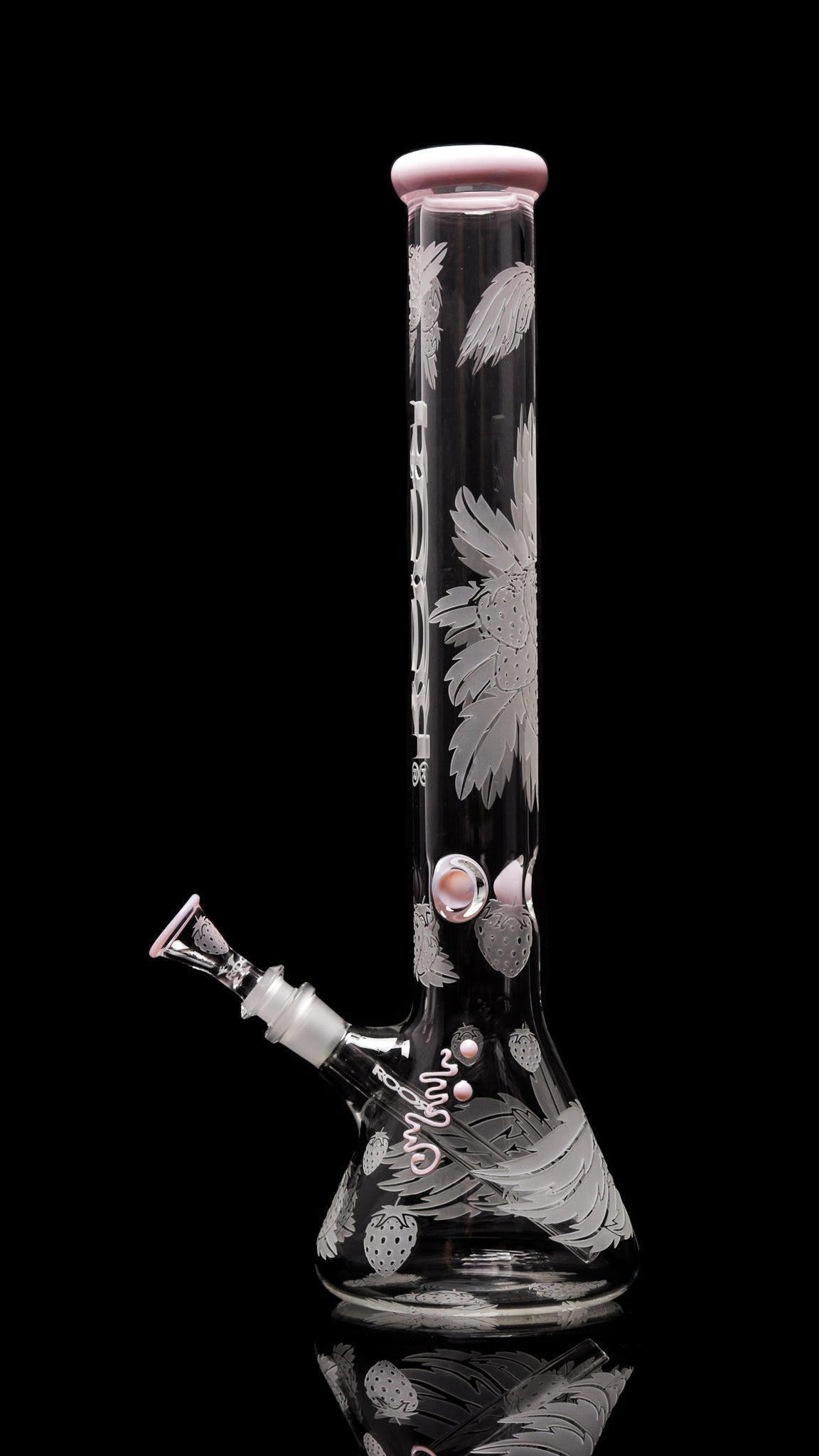 Strawberry Dream 18" beaker with pink accents, featuring sandblasted floral design.