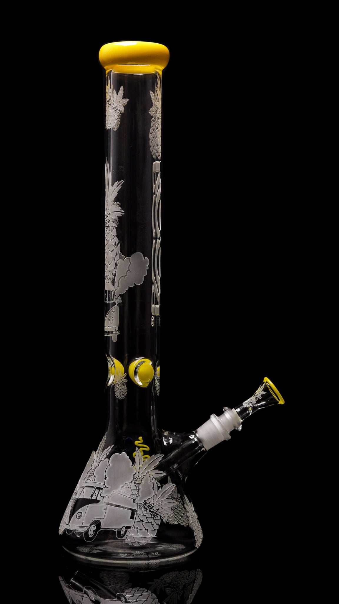 ROOR Pineapple Express 18-inch beaker bong with yellow accents and sandblasted design