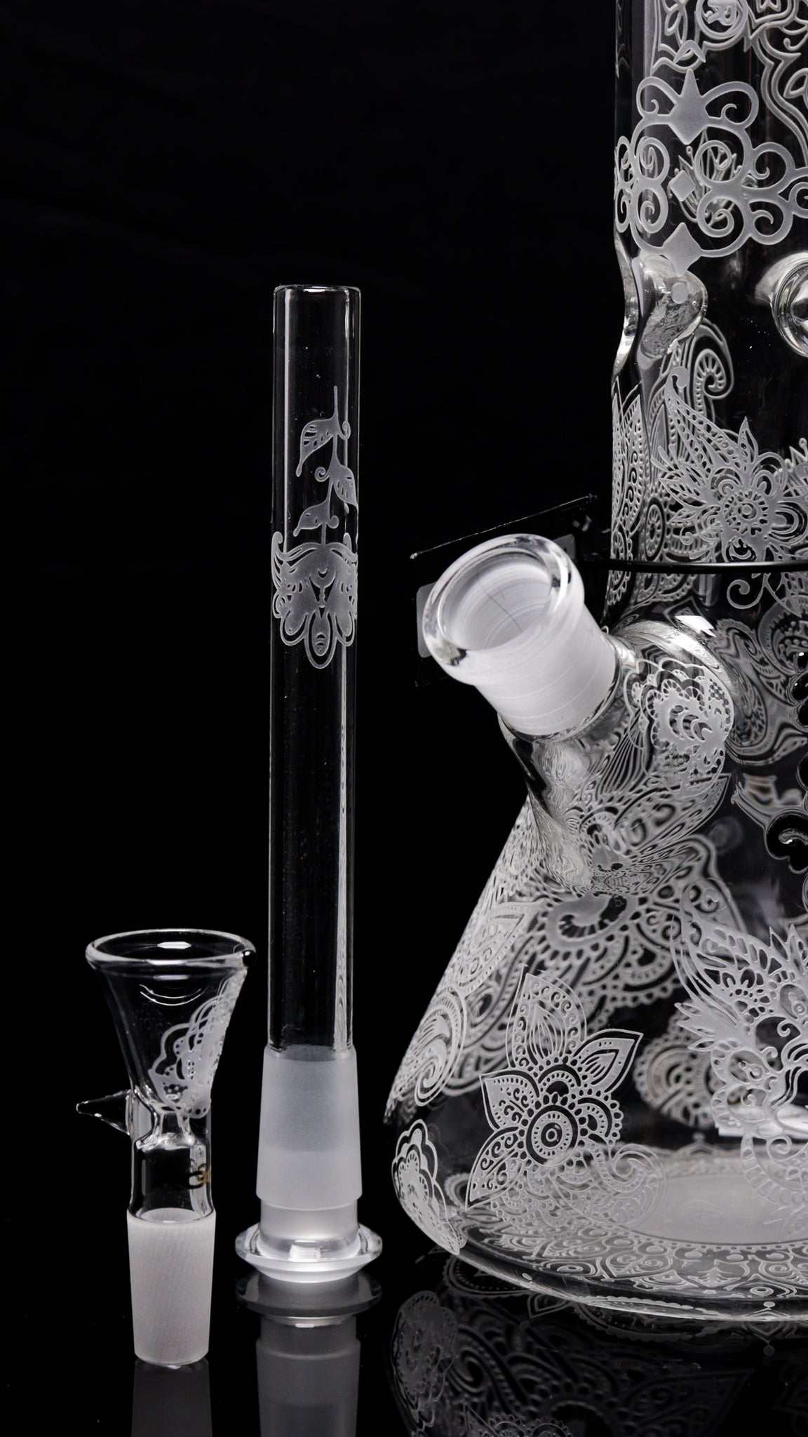 ROOR® Sandblasted 18" Beaker 50x5mm with Henna Design, glass smoking accessory with intricate patterns, includes downstem and medium funnel bowl.